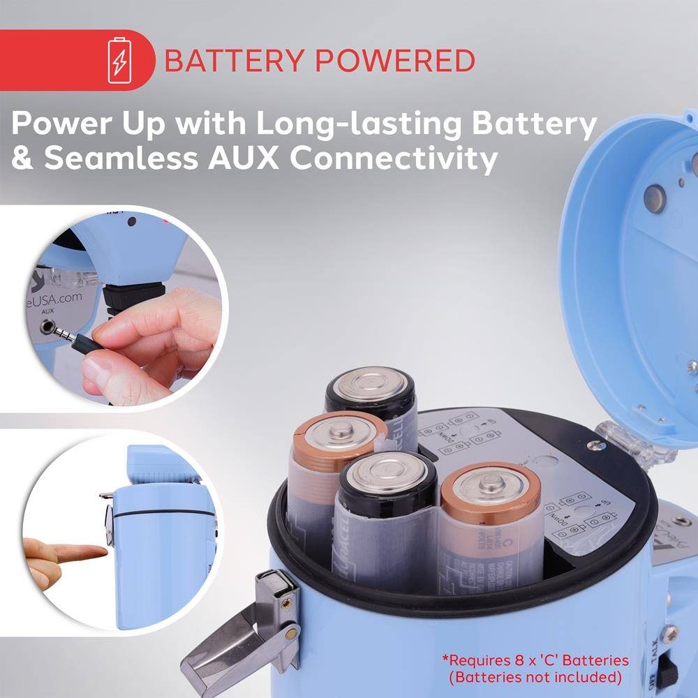 BATTERY POWERED

Power Up with Long-lasting Battery & Seamless AUX Connectivity

*Requires 8 x 'C' Batteries (Batteries not included)