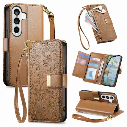 Front. UUCOVER - Floral PU Leather Wallet Case for Samsung Galaxy S26+ with Zipper Pocket, Cash Card Slot Holder, Shoulder & Wrist Strap - Brown.