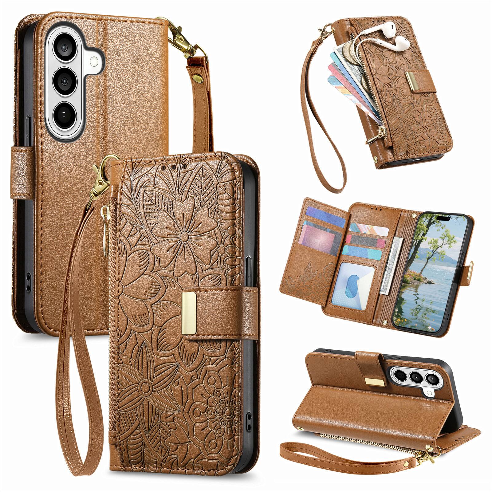 Front. UUCOVER - Floral PU Leather Wallet Case for Samsung Galaxy S26+ with Zipper Pocket, Cash Card Slot Holder, Shoulder & Wrist Strap - Brown.