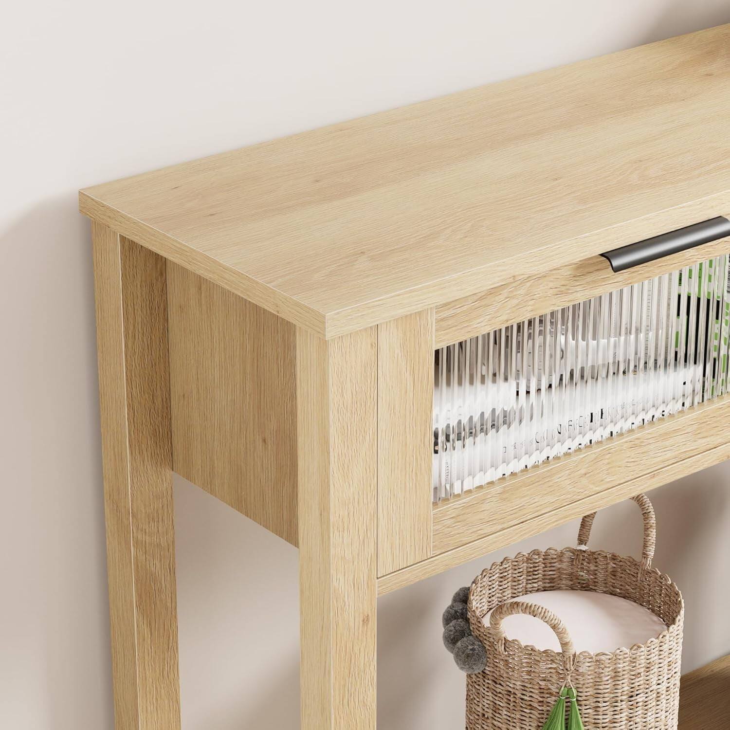 Back. Electrodes Masters - 2-Tier Entryway Table with Storage - Wood Sofa Table with 2 Glass Drawers, Burlywood - Natural.