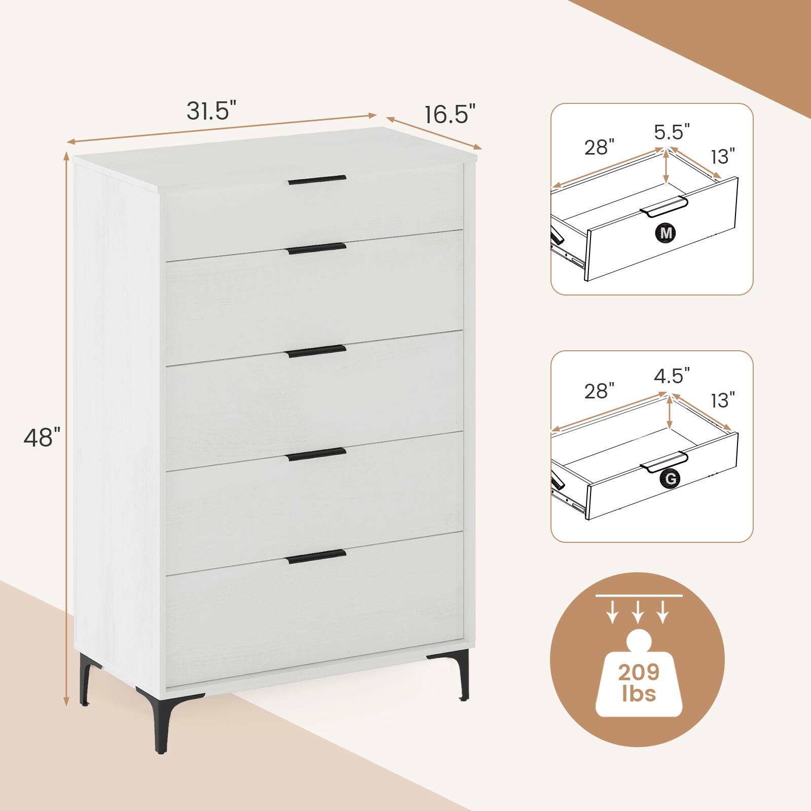 31.5" 16.5" 28" 5.5" 13" M 48" 28" 4.5" 13" G 209 lbs