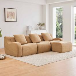 Aukfa - Modular Teddy Fabric Sofa - 3-Seat Sectional with 1 Ottoman, Soft Boneless Design for Living Room - Camel
