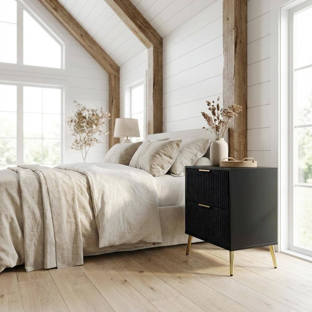 Angle. FurniFact - Black Bedroom Nightstand with Gold Legs and Storage Drawer - Black.