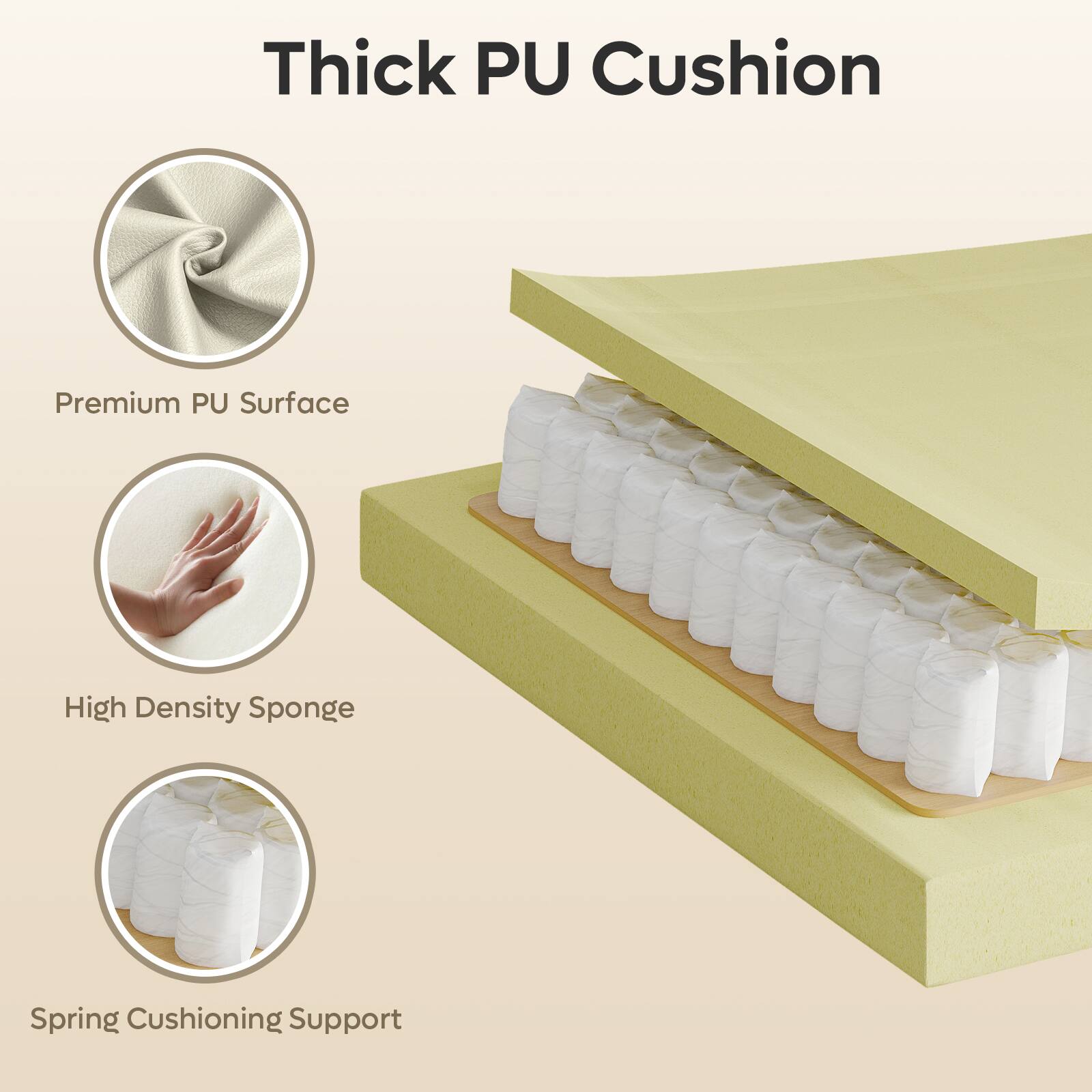 Thick PU Cushion

- Premium PU Surface
- High Density Sponge
- Spring Cushioning Support