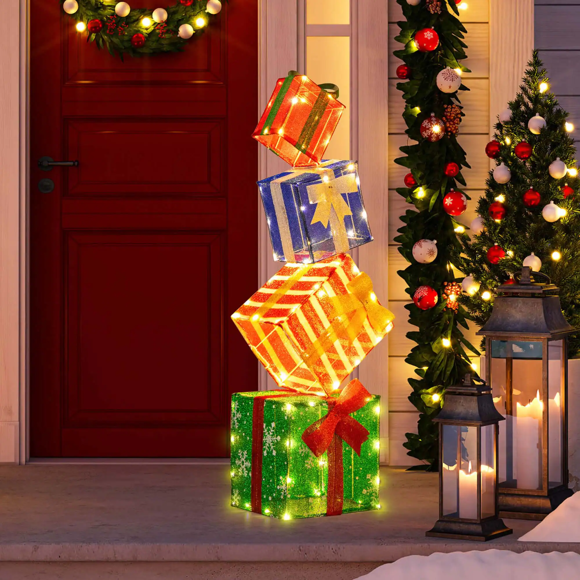 Alt View 3. Costway - Costway Lighted Gift Boxes Set of 4 with Warm White LED Lights & Pre-Assembled Ribbons - Multicolor.