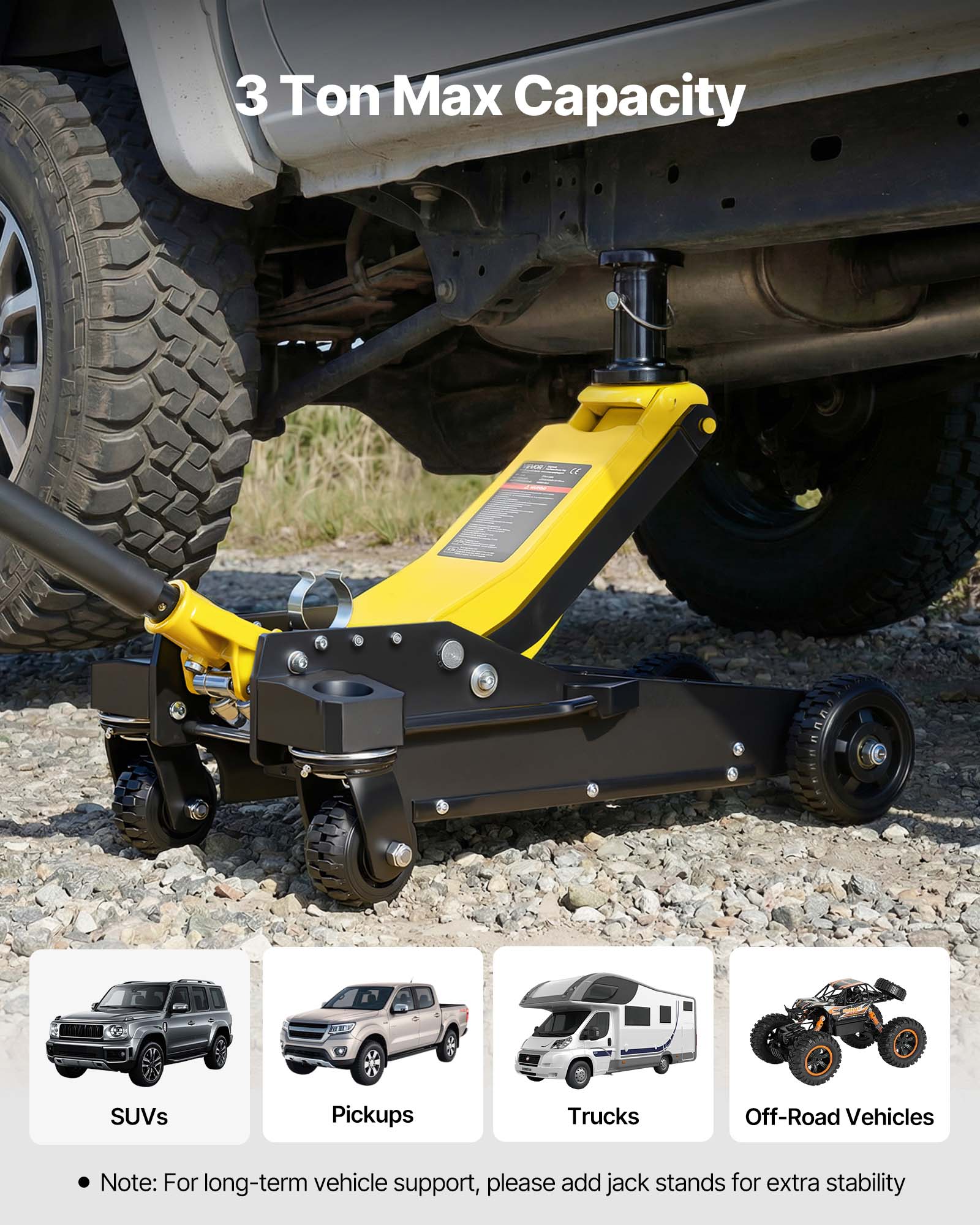 3 Ton Max Capacity

SUVs Pickups Trucks Off-Road Vehicles

Note: For long-term vehicle support, please add jack stands for extra stability