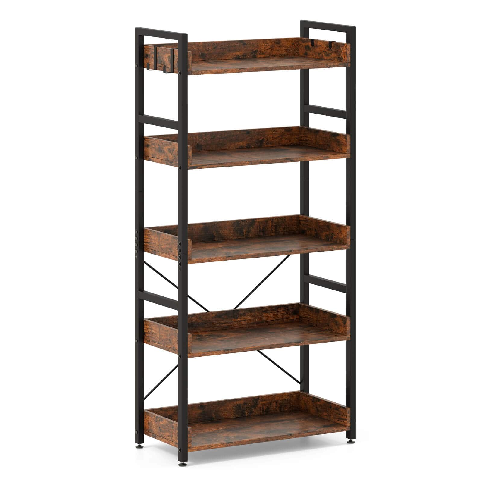 Front. Costway - Costway 1 PCS 5-Tier Storage Rack with 4 Hooks Open Display Shelves Metal Frame Display - Rustic Brown,Black.