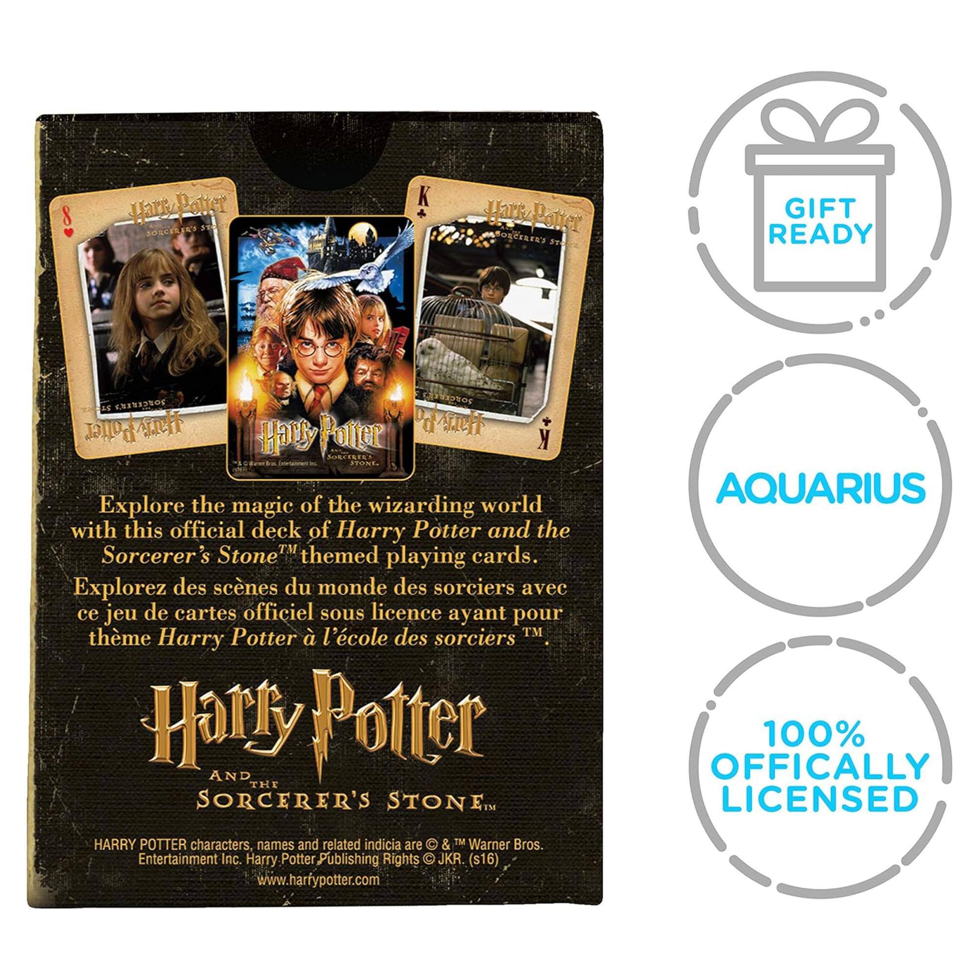 Sure, here is the corrected and grouped text from the image:

---

**Harry Potter and the Sorcerer's Stone**

Explore the magic of the wizarding world with this official deck of Harry Potter and the Sorcerer's Stone themed playing cards.

Explorez des scènes du monde des sorciers avec ce jeu de cartes officiel sous licence ayant pour thème Harry Potter à l'école des sorciers.

**Harry Potter and the Sorcerer's Stone**

HARRY POTTER characters, names and related indicia are © & ™ Warner Bros. Entertainment Inc. Harry Potter Publishing Rights © JKR (s16). www.harrypotter.com

**AQUARIUS**

**100% OFFICIALLY LICENSED**

**GIFT READY**

---

This text is organized to reflect the information presented in the image, including the product description, licensing details, and promotional badges.