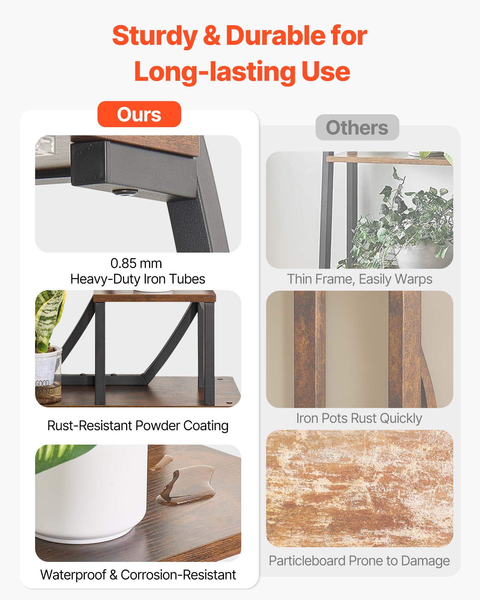 Sturdy & Durable for Long-lasting Use

**Ours**
- 0.85 mm Heavy-Duty Iron Tubes
- Rust-Resistant Powder Coating
- Waterproof & Corrosion-Resistant

**Others**
- Thin Frame, Easily Warps
- Iron Pots Rust Quickly
- Particleboard Prone to Damage