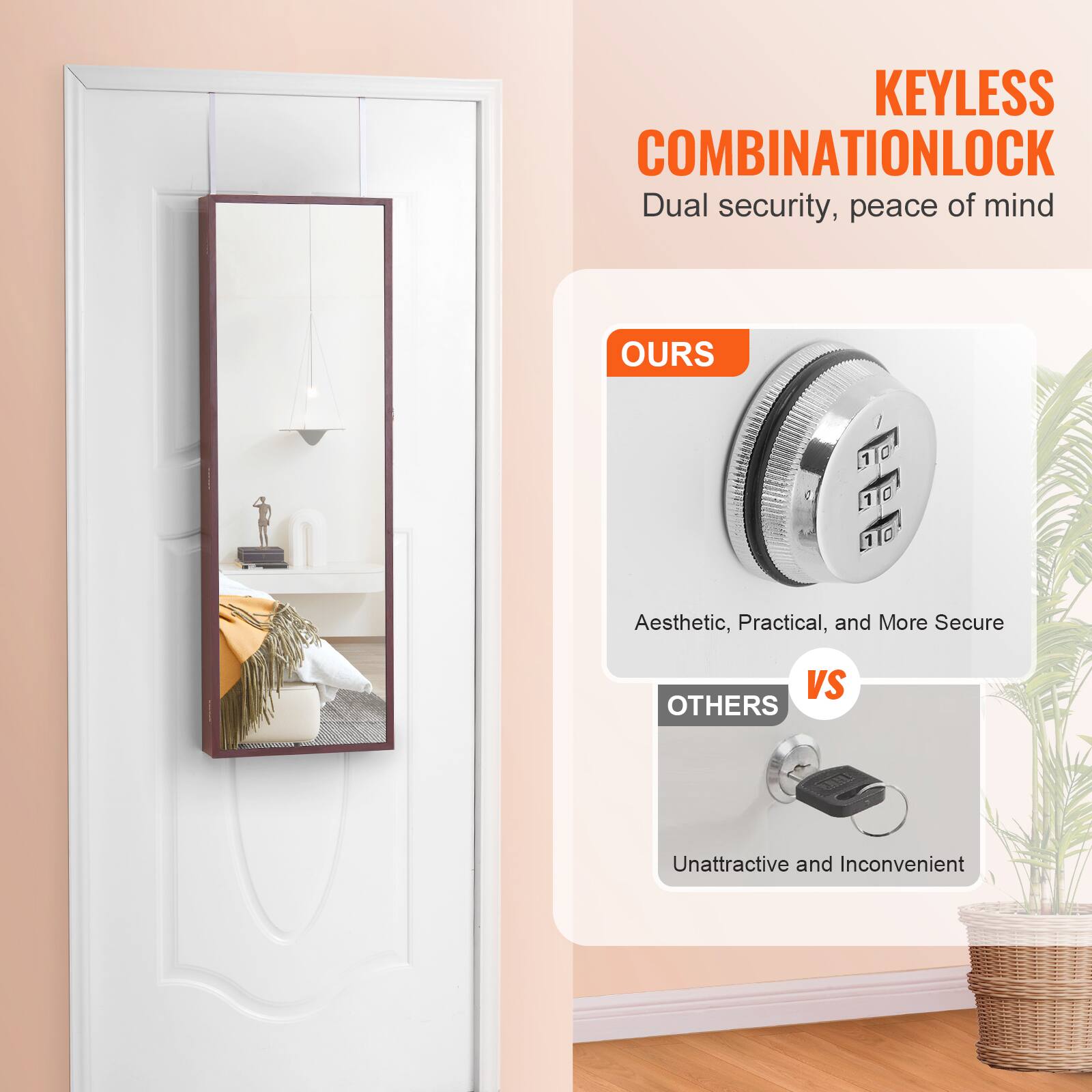 KEYLESS COMBINATION LOCK  
Dual security, peace of mind  

OURS  
Aesthetic, Practical, and More Secure  

VS  

OTHERS  
Unattractive and Inconvenient