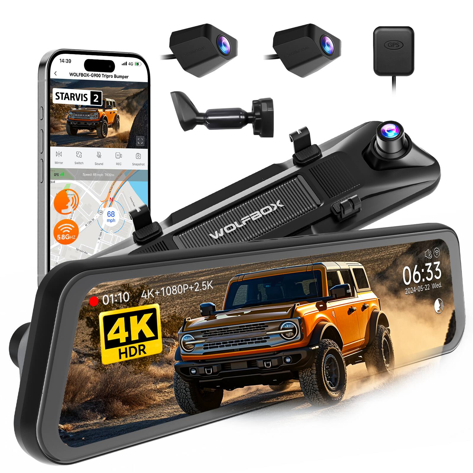 WOLFBOX - 3 Channel Dash Cam, STARVIS 2 Sensor, 4K+1080P+2.5K, 5.8GHz WiFi, Free 256GB Card, GPS, WDR, G-sensor, OEM bracket - Black