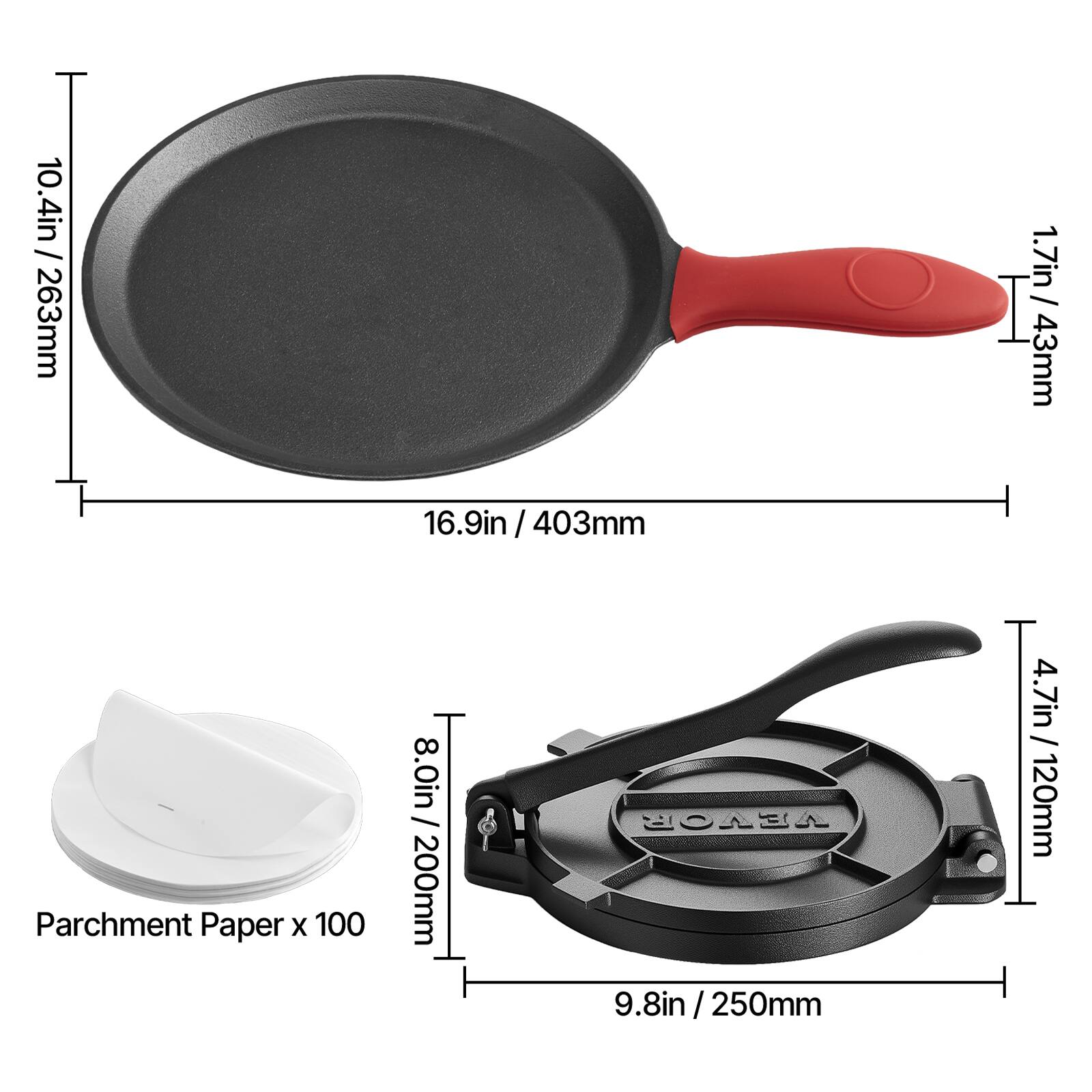 10.4in / 263mm  
1.7in / 43mm  
16.9in / 403mm  
Parchment Paper x 100  
8.0in / 200mm  
9.8in / 250mm  
4.7in / 120mm