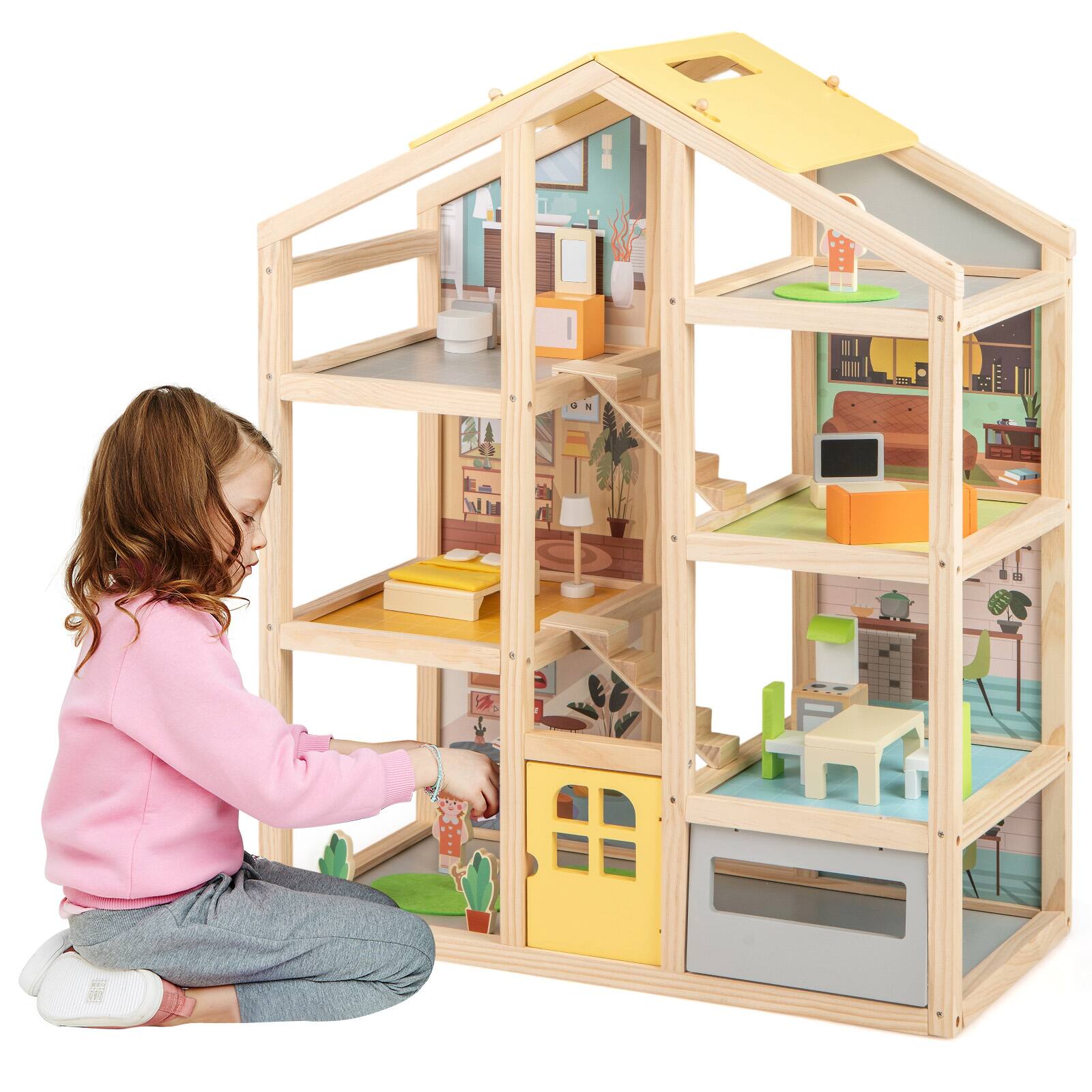 Back. SlickBlue - Wooden Dollhouse for Kids Modern Family Playhouse with Furniture and Figures - Natural.