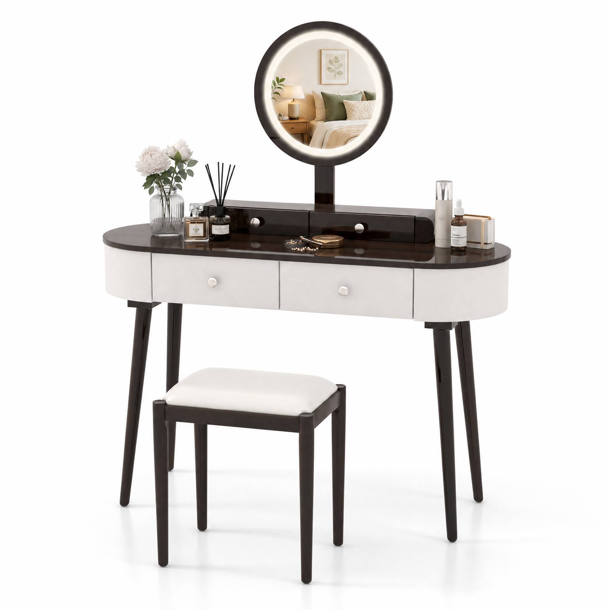 Left. WELLFOR - 47 Inch Modern Makeup Vanity Desk Set with 3 Color Round LED Mirror, Dressing Table with 4 Storage Drawers&Padded Stool - White and Brown.
