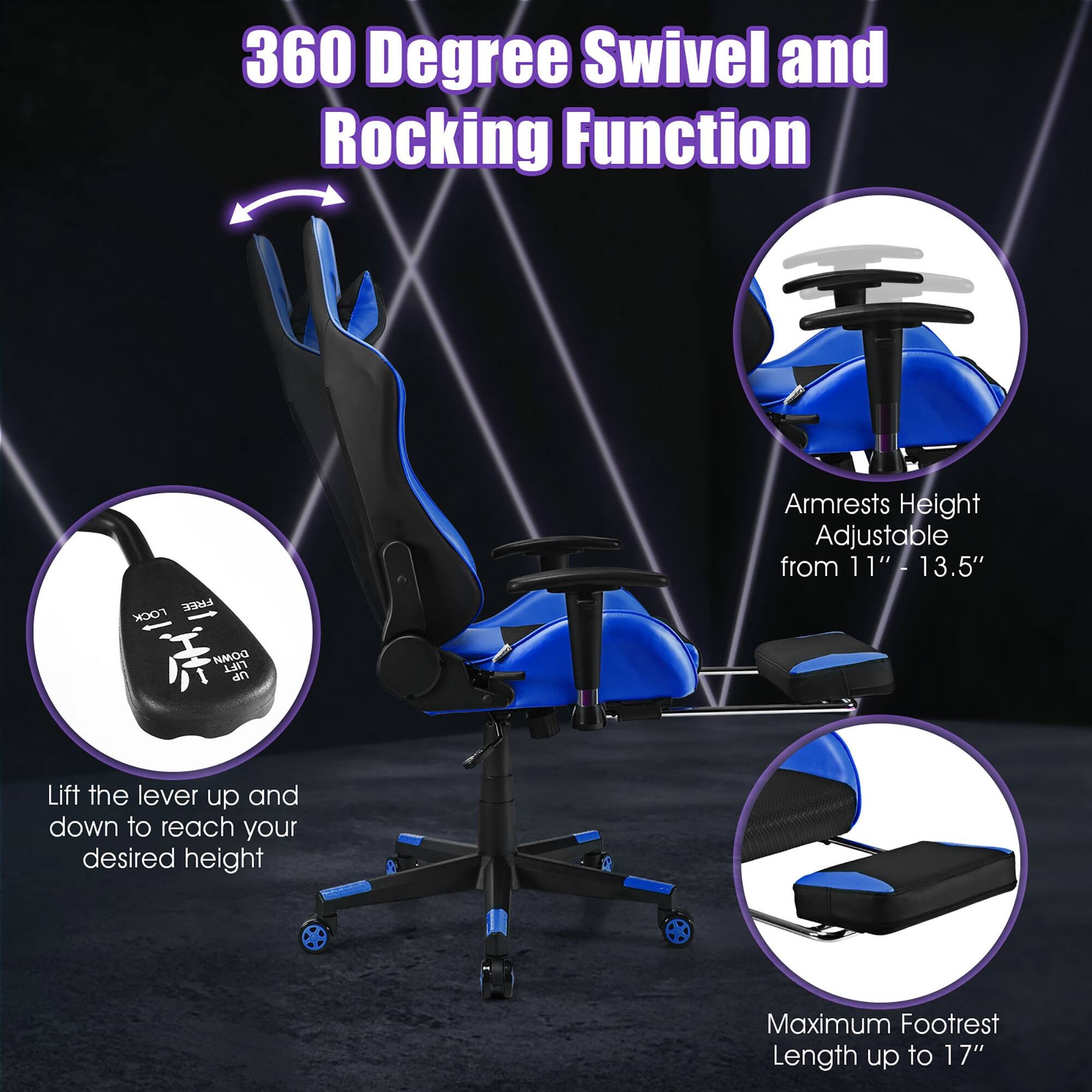 The image features a blue chair with a 360-degree swivel and rocking function. The chair is height adjustable, with armrests that can be adjusted from 11" to 13.5". The chair also comes with a footrest that can be extended up to 17" in length. The chair is designed to provide comfort and support for users, making it an ideal choice for gaming or other activities that require extended periods of sitting.