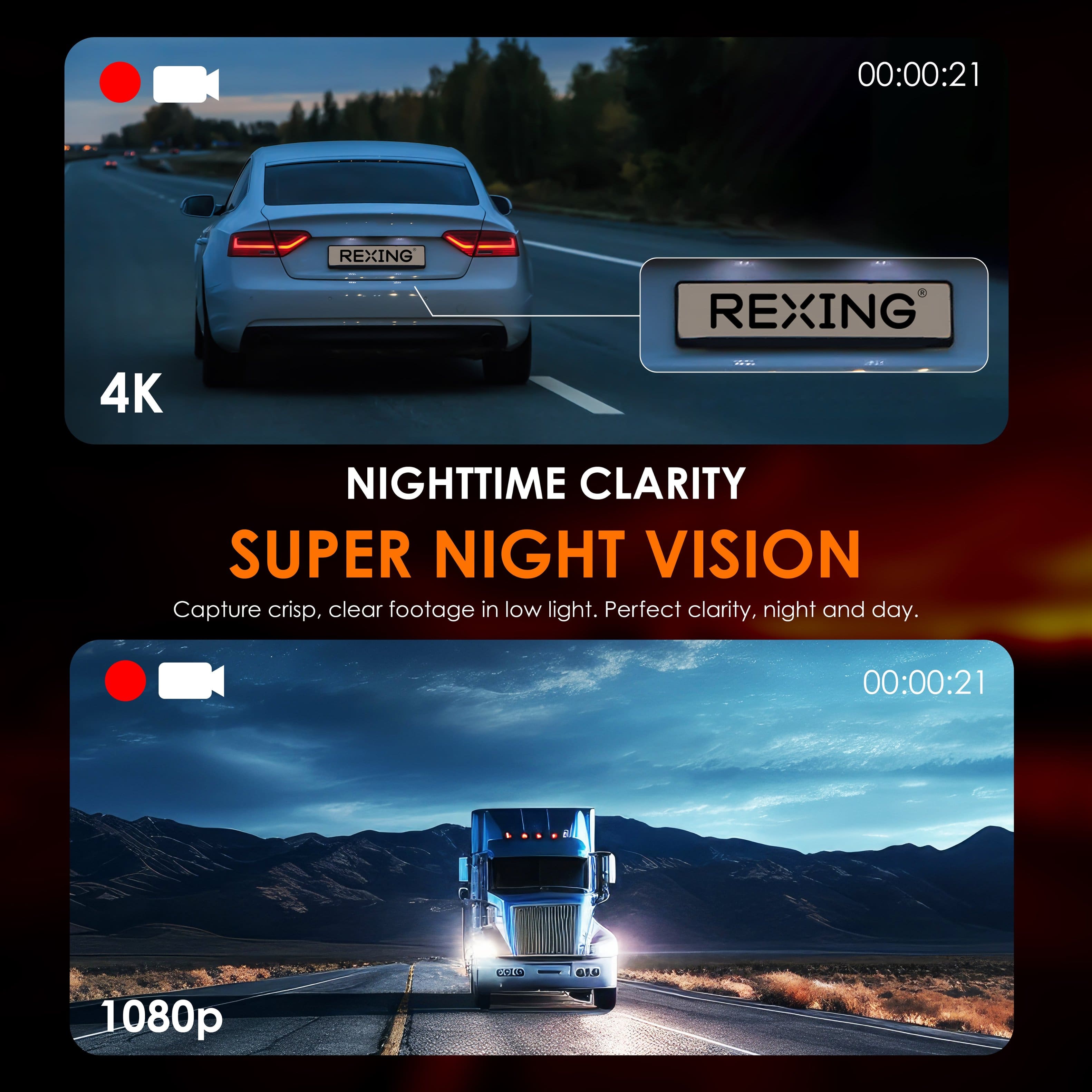 The text on the image can be grouped and corrected as follows:
1. "Nighttime Clarity" and "Super Night Vision" are both referring to the same feature, which is capturing crisp, clear footage in low light conditions.
2. The phrase "Perfect clarity, night and day" is a description of the feature, emphasizing its effectiveness in both night and daytime conditions.
3. The "1080p" and "1080p CALTE 016" are referring to the same resolution, which is 1080p.