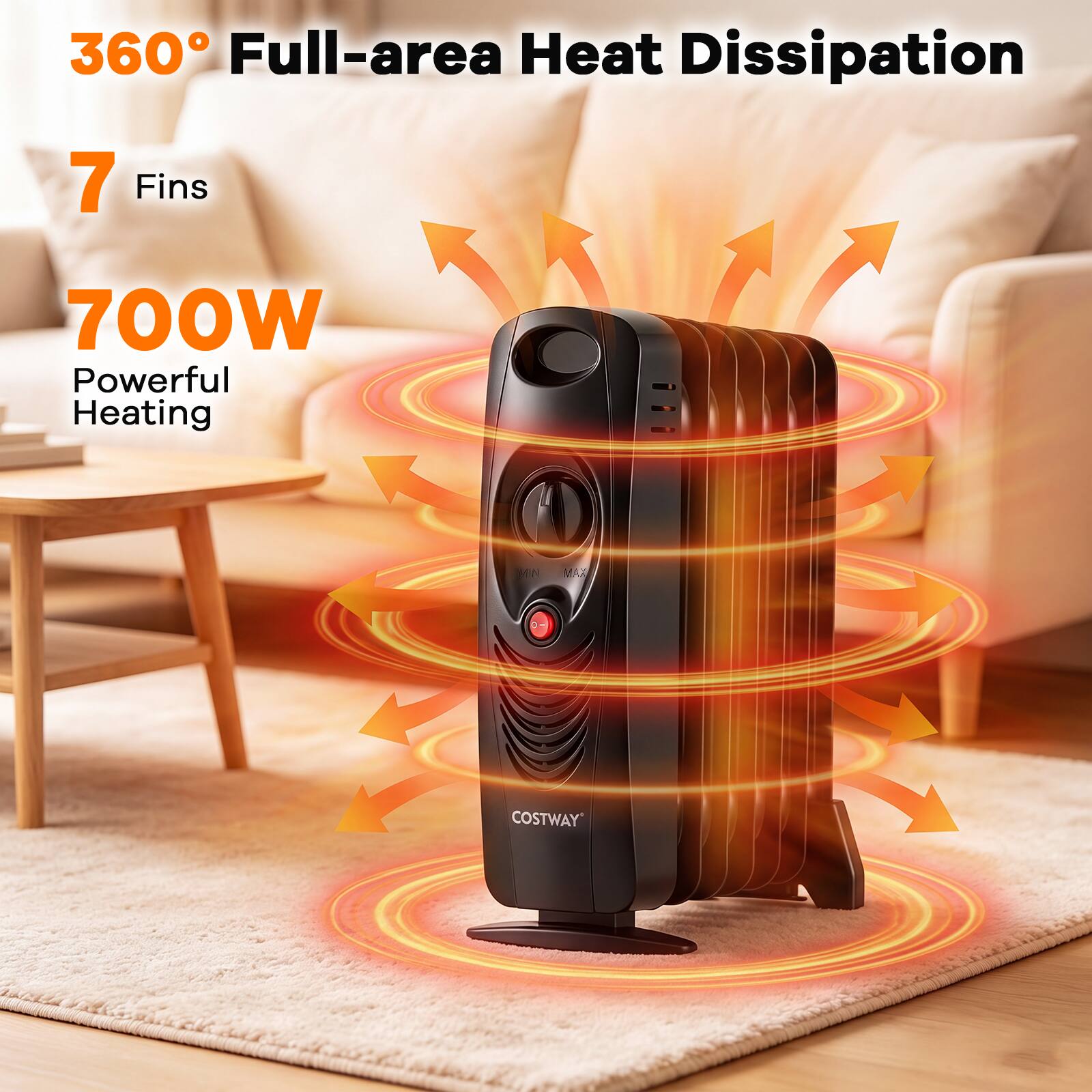 360° Full-area Heat Dissipation  
7 Fins  
700W Powerful Heating  
COSTWAY