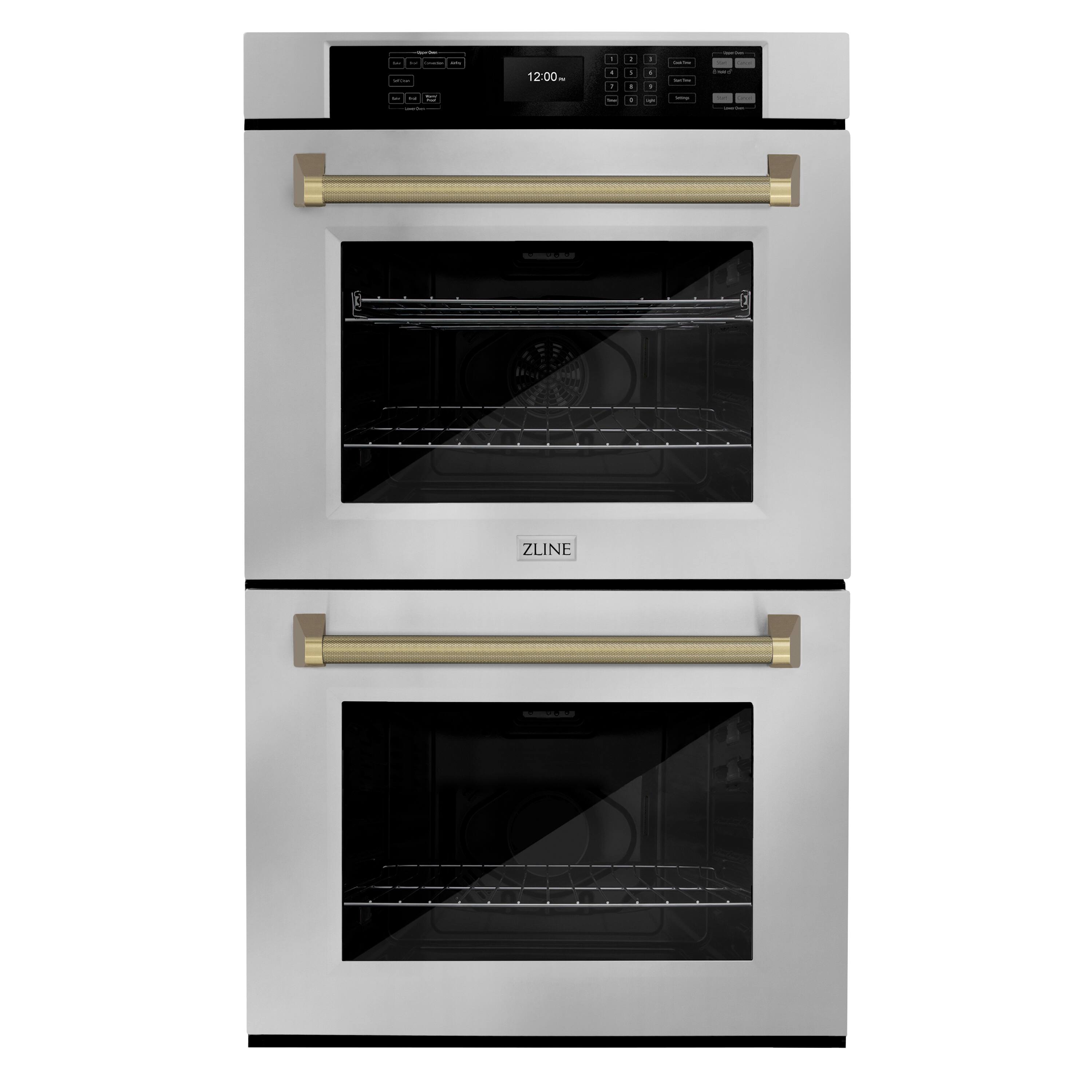 ZLINE Autograph 30 in. True Convection Double Wall Oven in Stainless Steel & Bronze Helix Handles (WADZ-30-KCB) Front