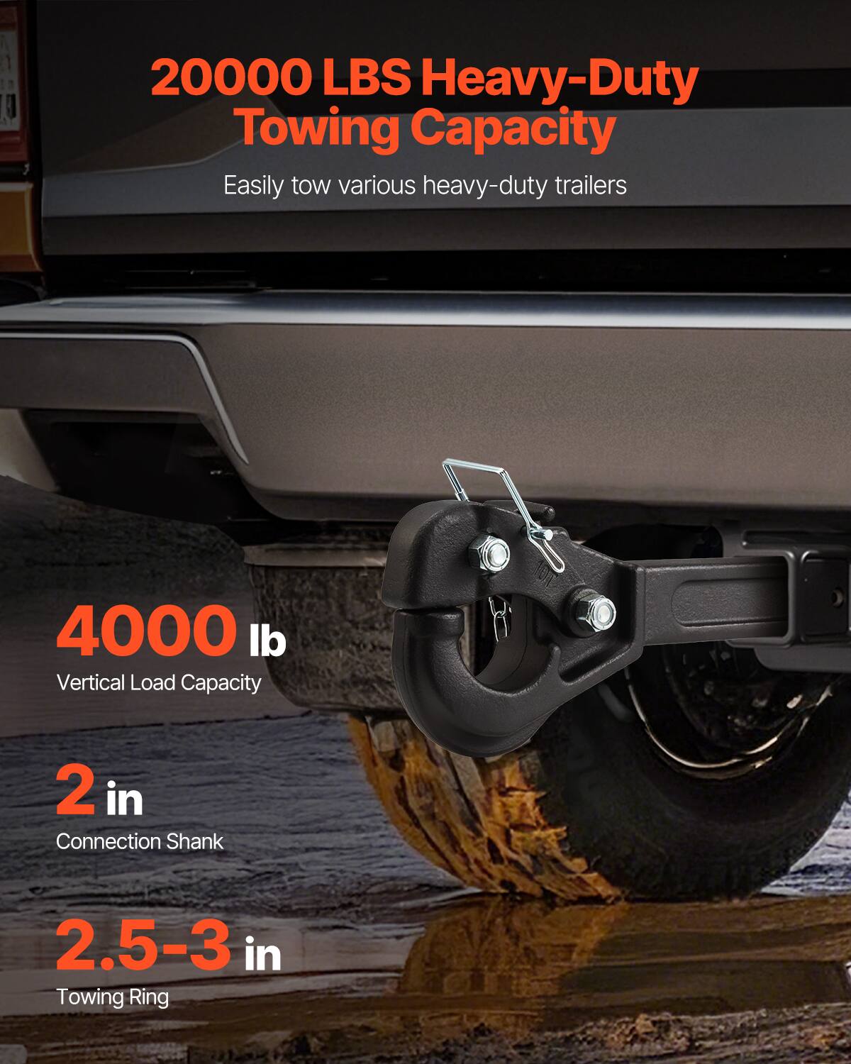 20000 LBS Heavy-Duty Towing Capacity  
Easily tow various heavy-duty trailers  

4000 lb Vertical Load Capacity  

2 in Connection Shank  

2.5-3 in Towing Ring