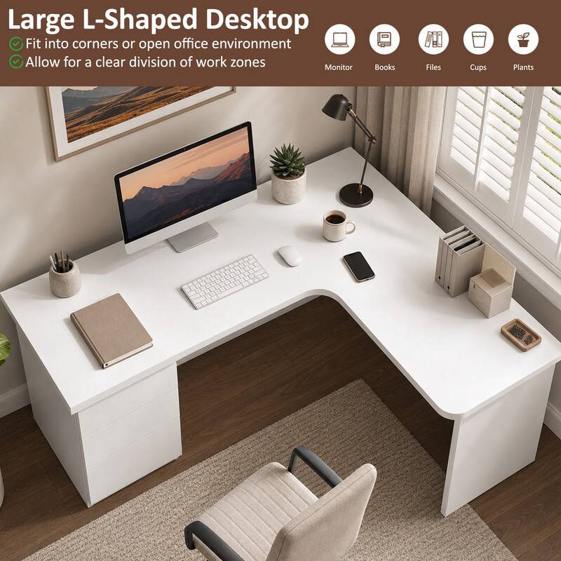 Large L-Shaped Desktop  
- Fit into corners or open office environment  
- Allow for a clear division of work zones  

Monitor  
Books  
Files  
Cups  
Plants