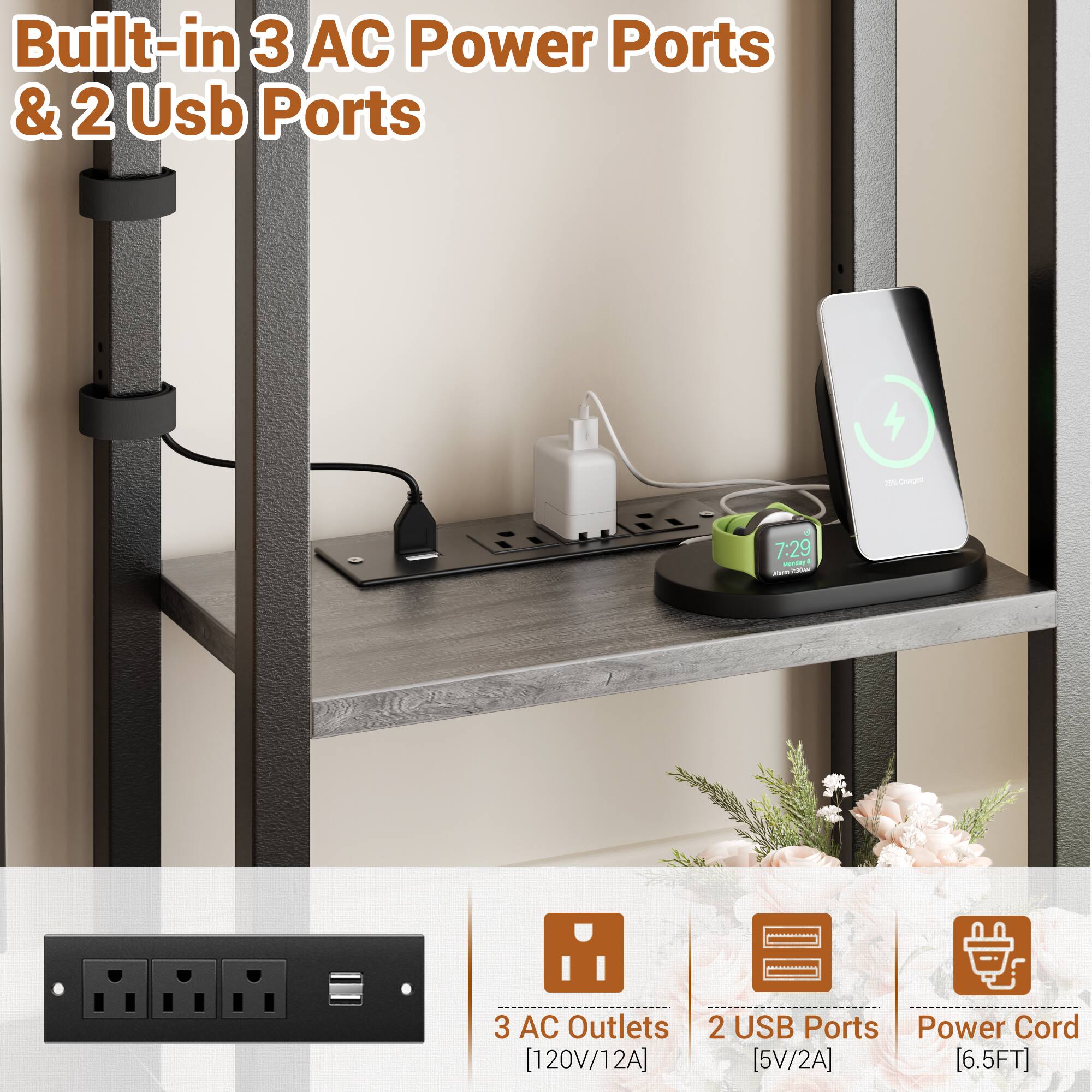 Built-in 3 AC Power Ports & 2 USB Ports

3 AC Outlets [120V/12A]
2 USB Ports [5V/2A]
Power Cord [6.5FT]