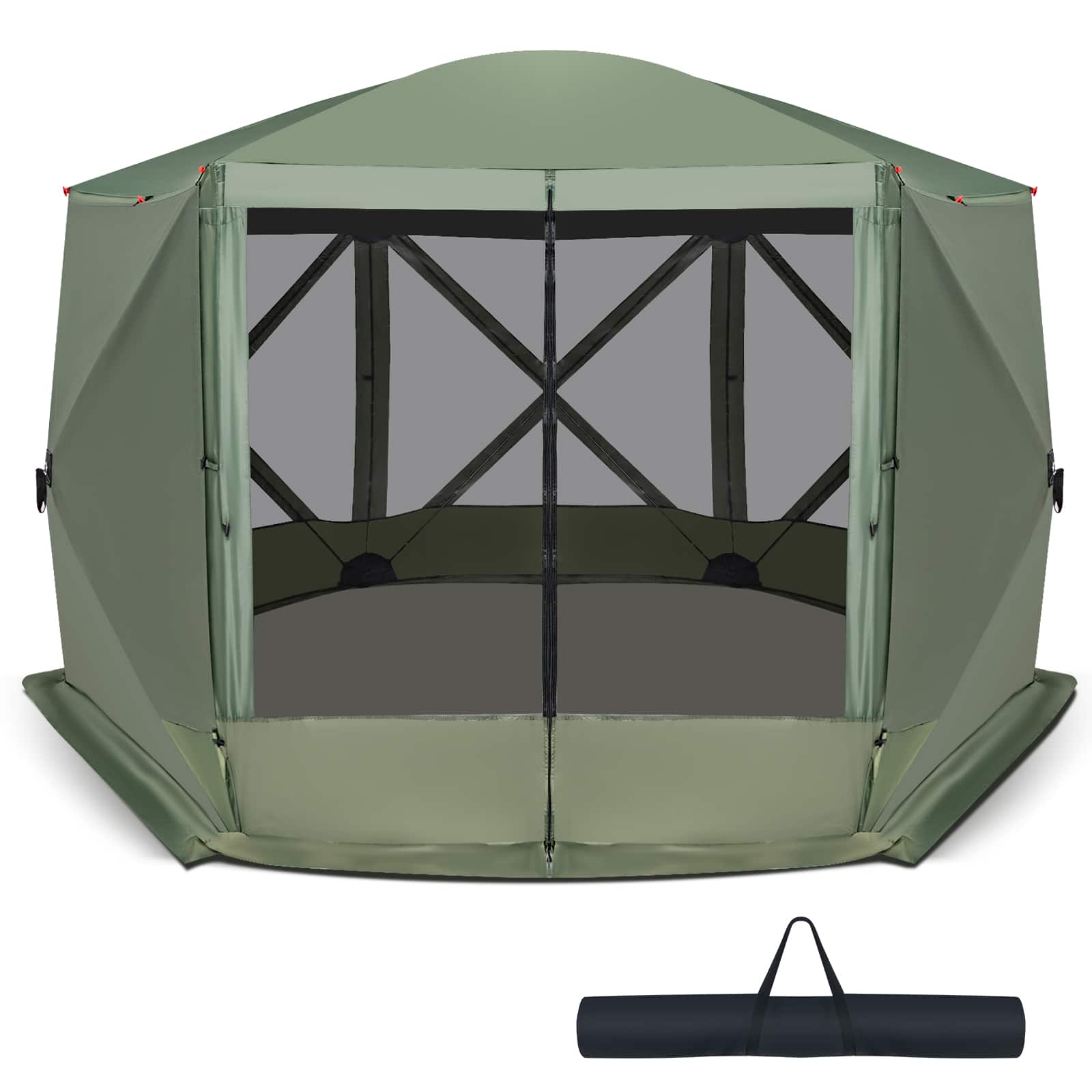Front. Costway - 11.5 X 11.5 FT 6-Sided Pop-up Screen House Tent With 2 Wind Panels for Camping Green - Green.