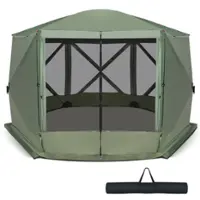 Costway - 11.5 X 11.5 FT 6-Sided Pop-up Screen House Tent With 2 Wind Panels for Camping - Green - Front_Zoom