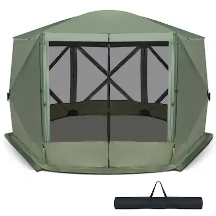 Front. Costway - 11.5 X 11.5 FT 6-Sided Pop-up Screen House Tent With 2 Wind Panels for Camping Green - Green.