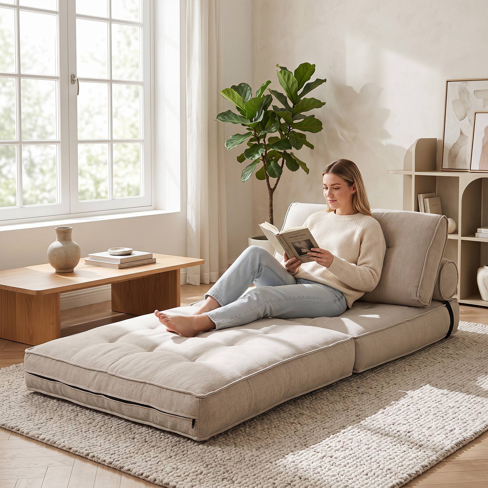 Alt View 3. Costway - Costway 1 PCS 3-in-1 Folding Sofa Bed with Bolster & Pillow, Chenille Cover, Smooth Zipper - Beige.