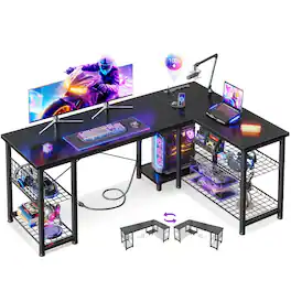 AODK - 51 Inch Reversible L Shaped Gaming Desk with Shelves & Power Outlets, Computer Corner Table with Storage for Home Office - Black