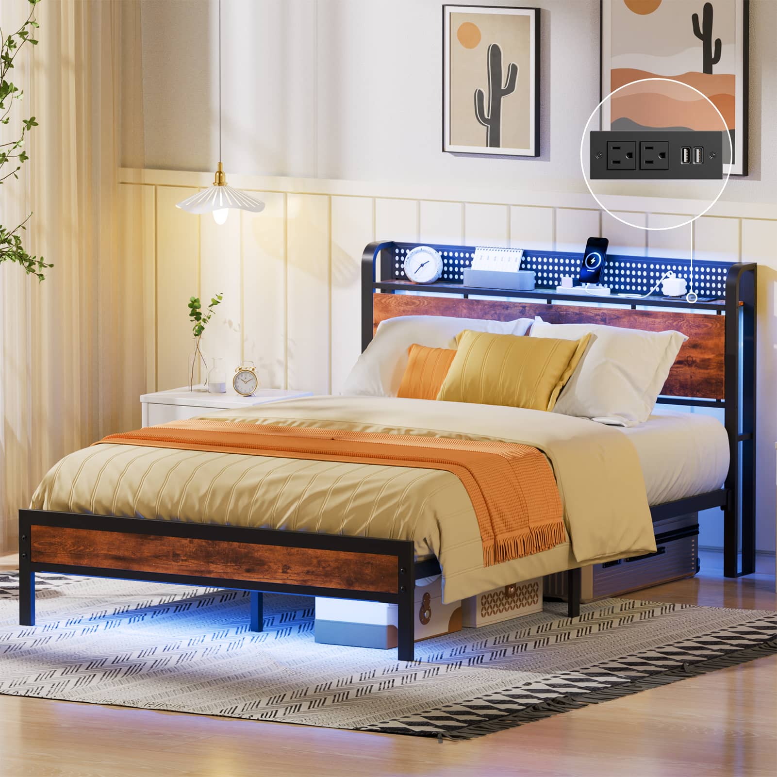 Furnulem - Bed frame with Wood Storage Headboard,Metal Platform Bed with Under Storage - Brown