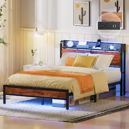 Furnulem - Bed frame with Wood Storage Headboard,Metal Platform Bed with Under Storage - Brown