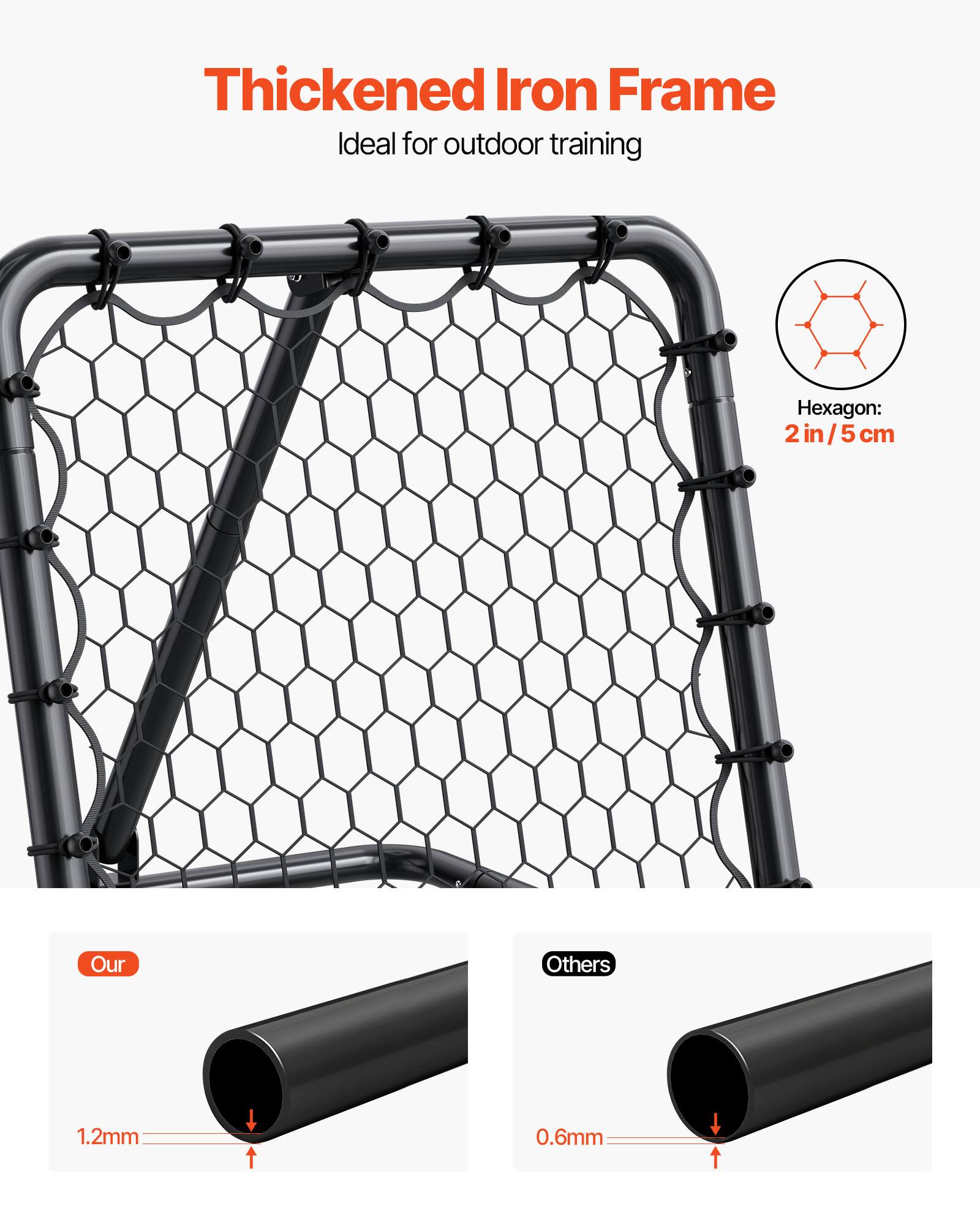Thickened Iron Frame  
Ideal for outdoor training  

Hexagon: 2 in/5 cm  

Our  
1.2mm  

Others  
0.6mm