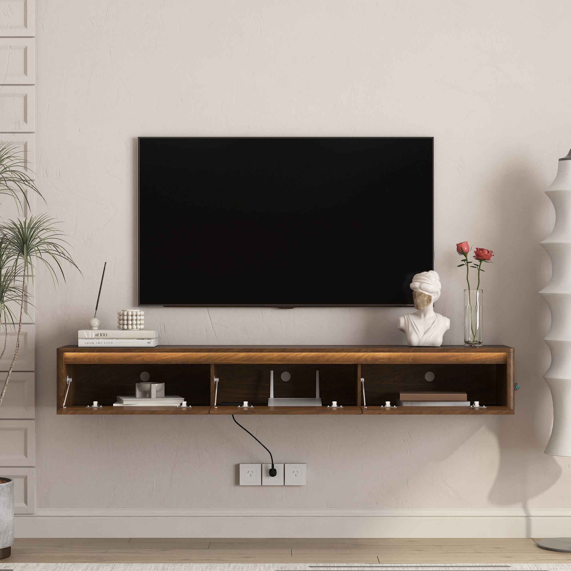 Left. Z-Edge - Floating TV Stand Wall Mounted for 65"–80" TVs, Modern Floating Entertainment Center with Storage for Living Room - Brown.