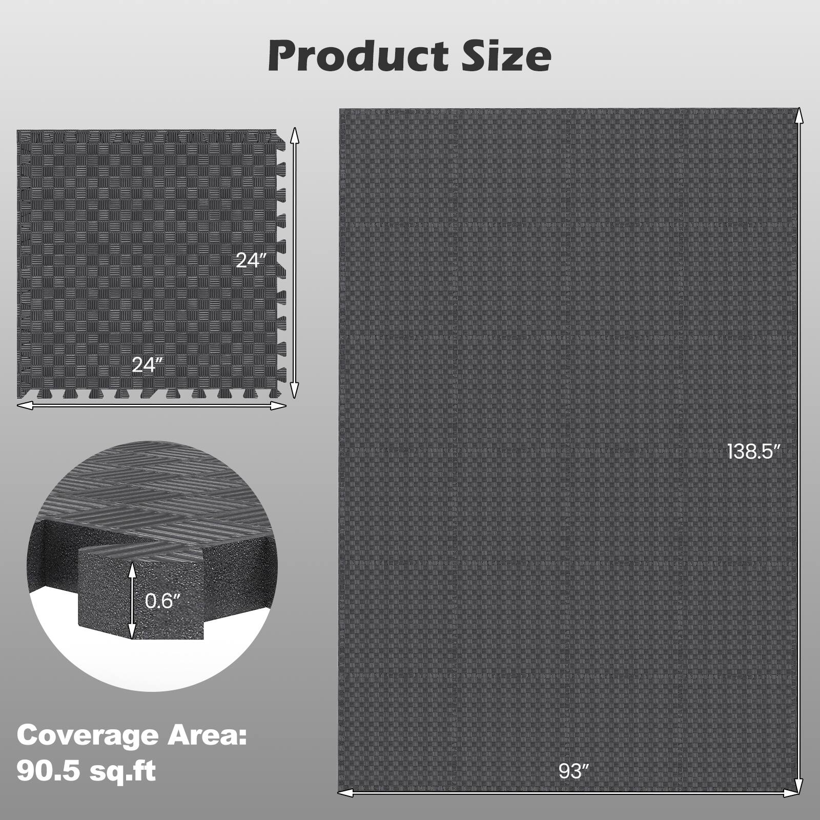 Product Size
- 24" x 24"
- 138.5" x 93"
- 0.6" thickness

Coverage Area: 90.5 sq.ft