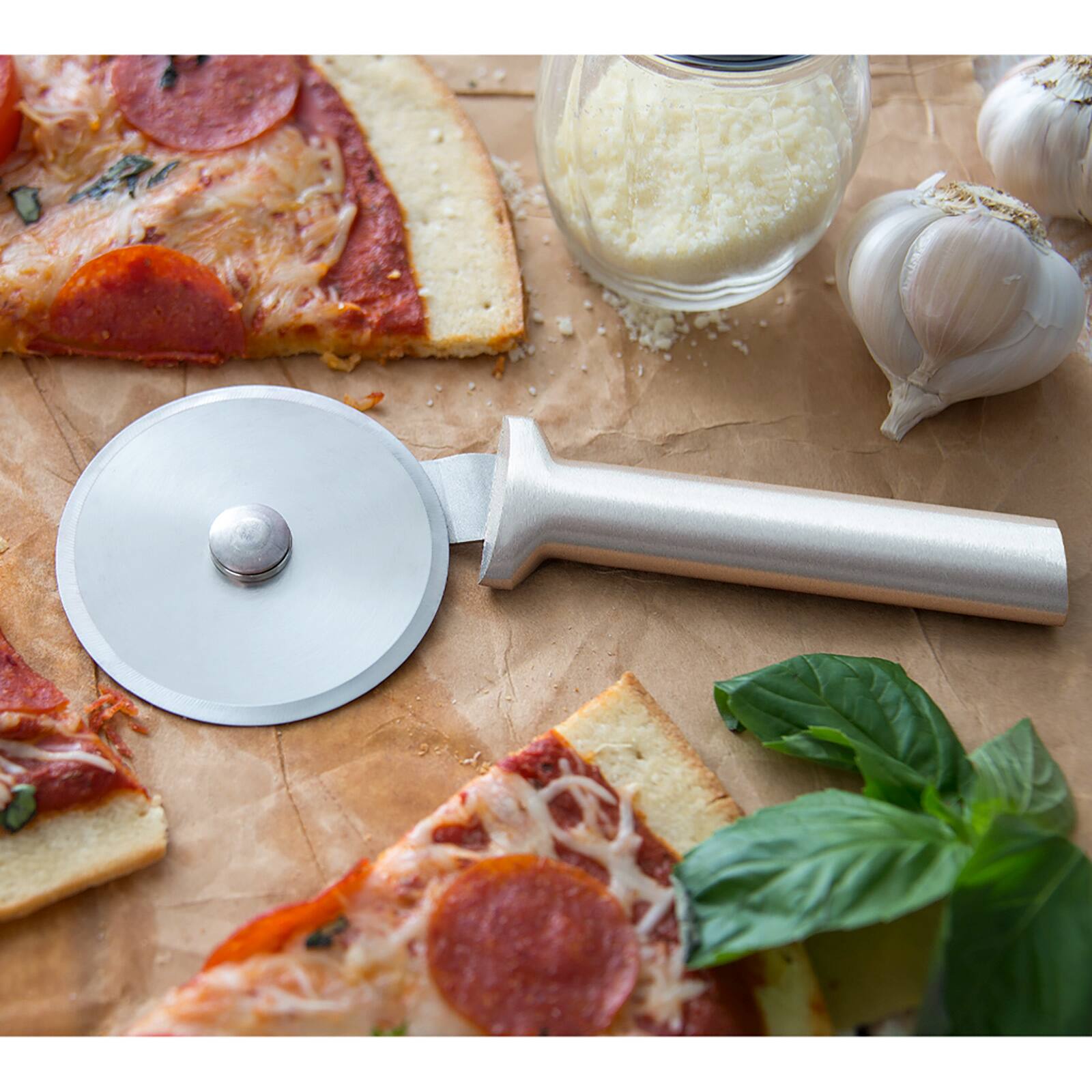 Alt View 1. Rada - Cutlery Pizza Cutter Stainless Steel Wheel, Aluminum Handle - Silver.