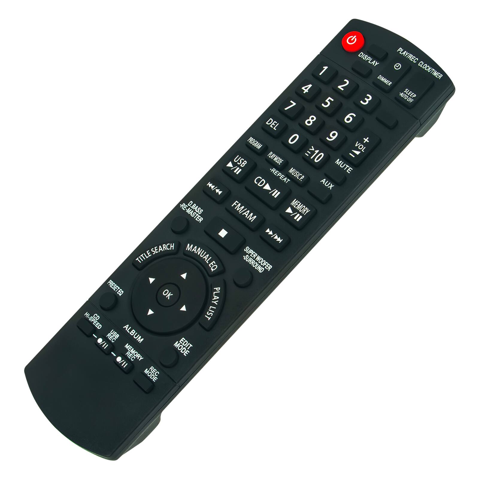 Sure, here is the corrected and grouped text from the image:

**Top Section:**
- DISPLAY
- PLAY/REC
- CLOCK/TIMER
- DIMMER
- SLEEP
- AUTO OFF

**Number Pad:**
- 1
- 2
- 3
- 4
- 5
- 6
- 7
- 8
- 9
- 0
- DEL
- PROGRAM
- VOL
- MUTE
- USB
- PLAT/MODE
- 10

**Middle Section:**
- USB
- CD
- AUX
- MEMORY
- FM/AM
- D.BASS
- SURROUND
- EQ
- PRESET
- OK
- PLAY LIST
- HI-SPEED
- HI CO

**Bottom Section:**
- TITLE SEARCH
- MANUAL
- EQ
- SUPER WOOFER
- SURROUND
- PRESET
- OK
- PLAY LIST
- HI-SPEED
- HI CO
- ALBUM
- MEMORY
- REC MODE
- MODE
- REC