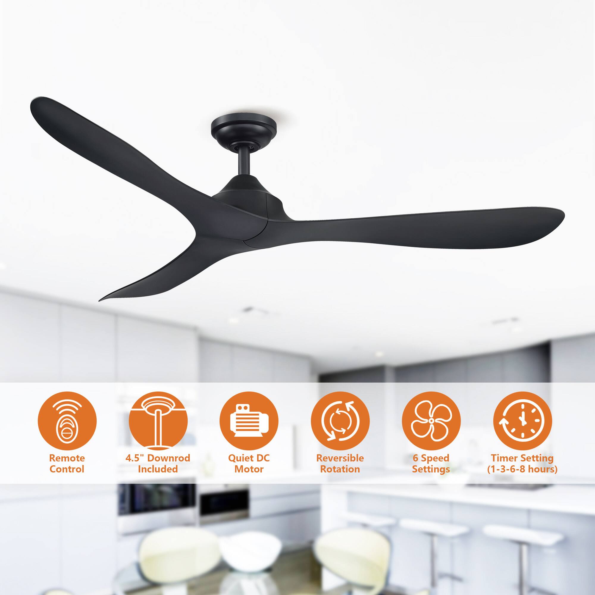 - Remote Control
- 4.5" Downrod Included
- Quiet DC Motor
- Reversible Rotation
- 6 Speed Settings
- Timer Setting (1-3-6-8 hours)