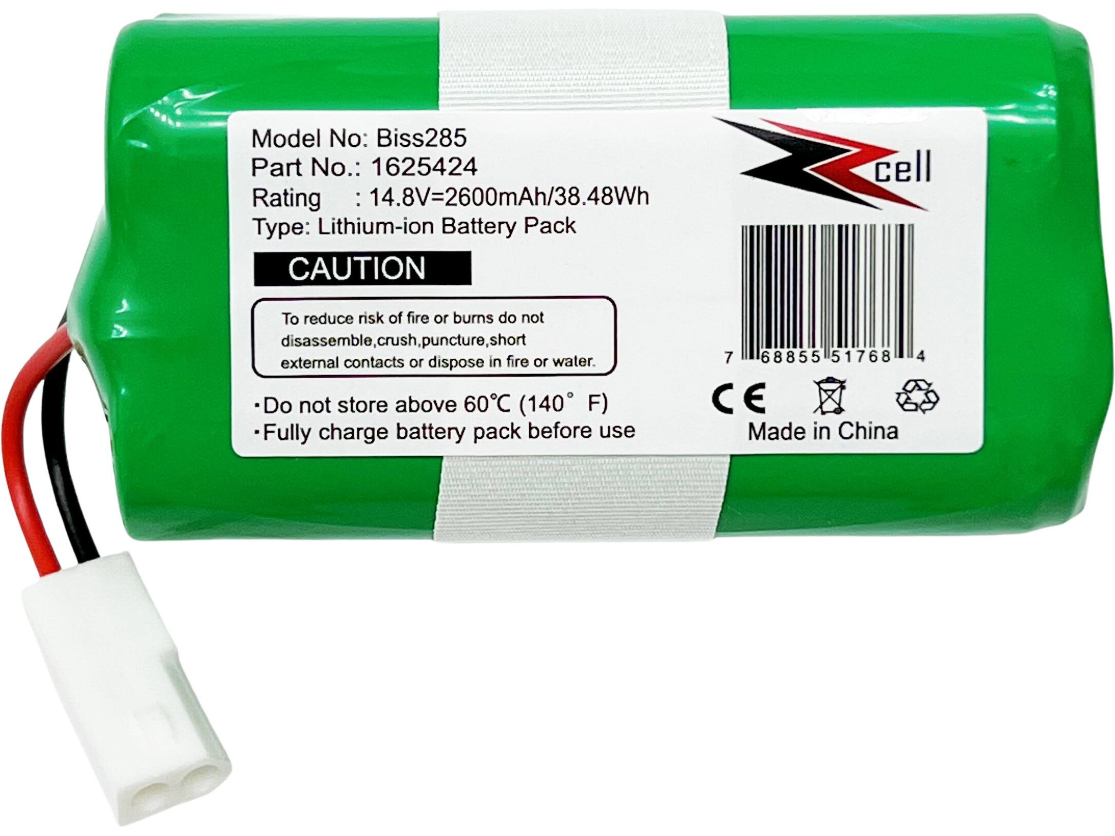 Model No: Biss285  
Part No.: 1625424  
Rating: 14.8V=2600mAh/38.48Wh  
Type: Lithium-ion Battery Pack  

CAUTION  
To reduce risk of fire or burns do not disassemble, crush, puncture, short external contacts or dispose in fire or water.  
Do not store above 60°C (140°F)  
Fully charge battery pack before use  

Made in China