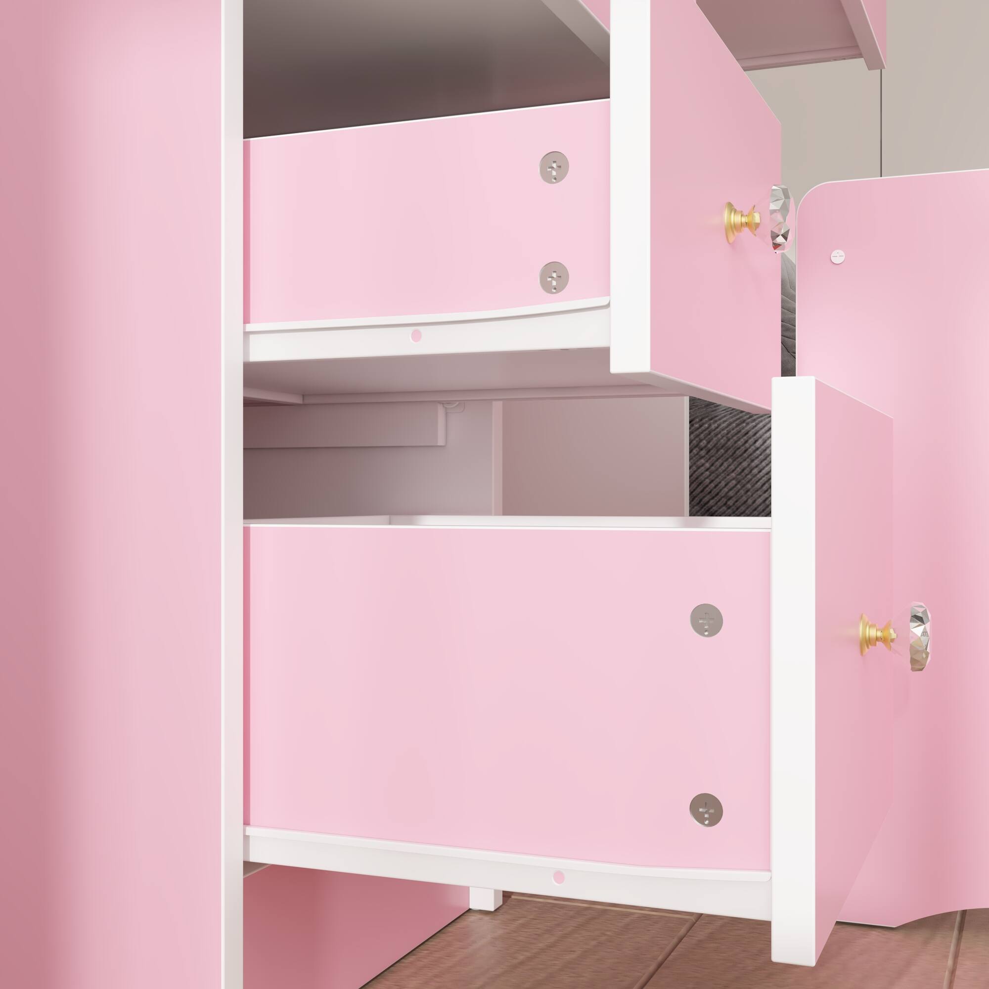 Alt View 5. Famapy - Vanity Table with LED Mirror Storage Dresser Drawers & Stool – Makeup Organizer for Bedroom - Pink.
