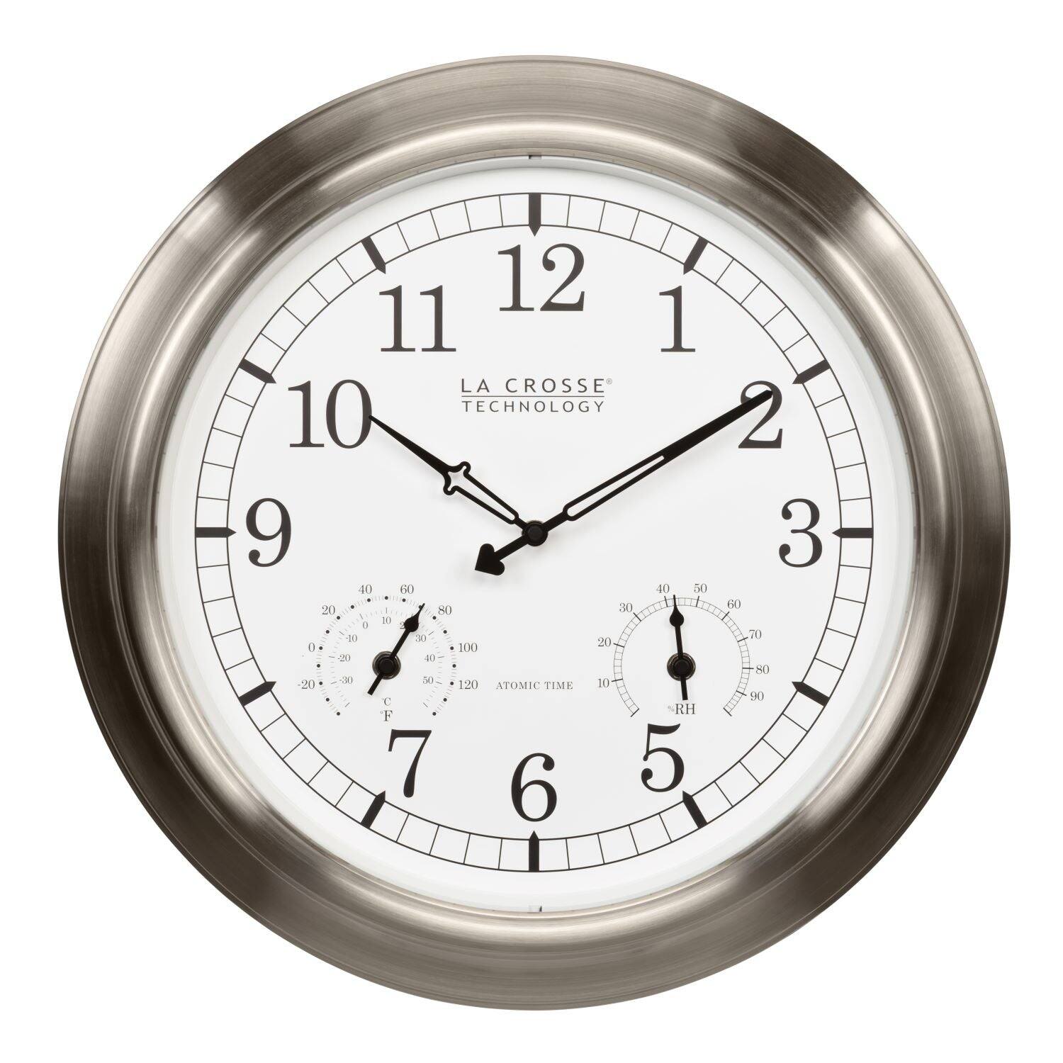 La Crosse Technology - 17.9-inch Indoor/Outdoor Classic Stainless Steel Atomic Analog Wall Clock - Silver
