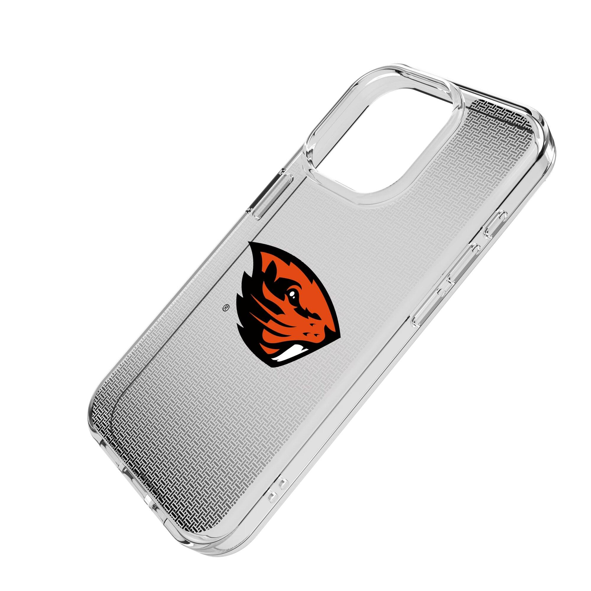 Alt View 1. Keyscaper - Oregon State Beavers Linen Logo iPhone Clear Case - 14 Plus - Multicolor.