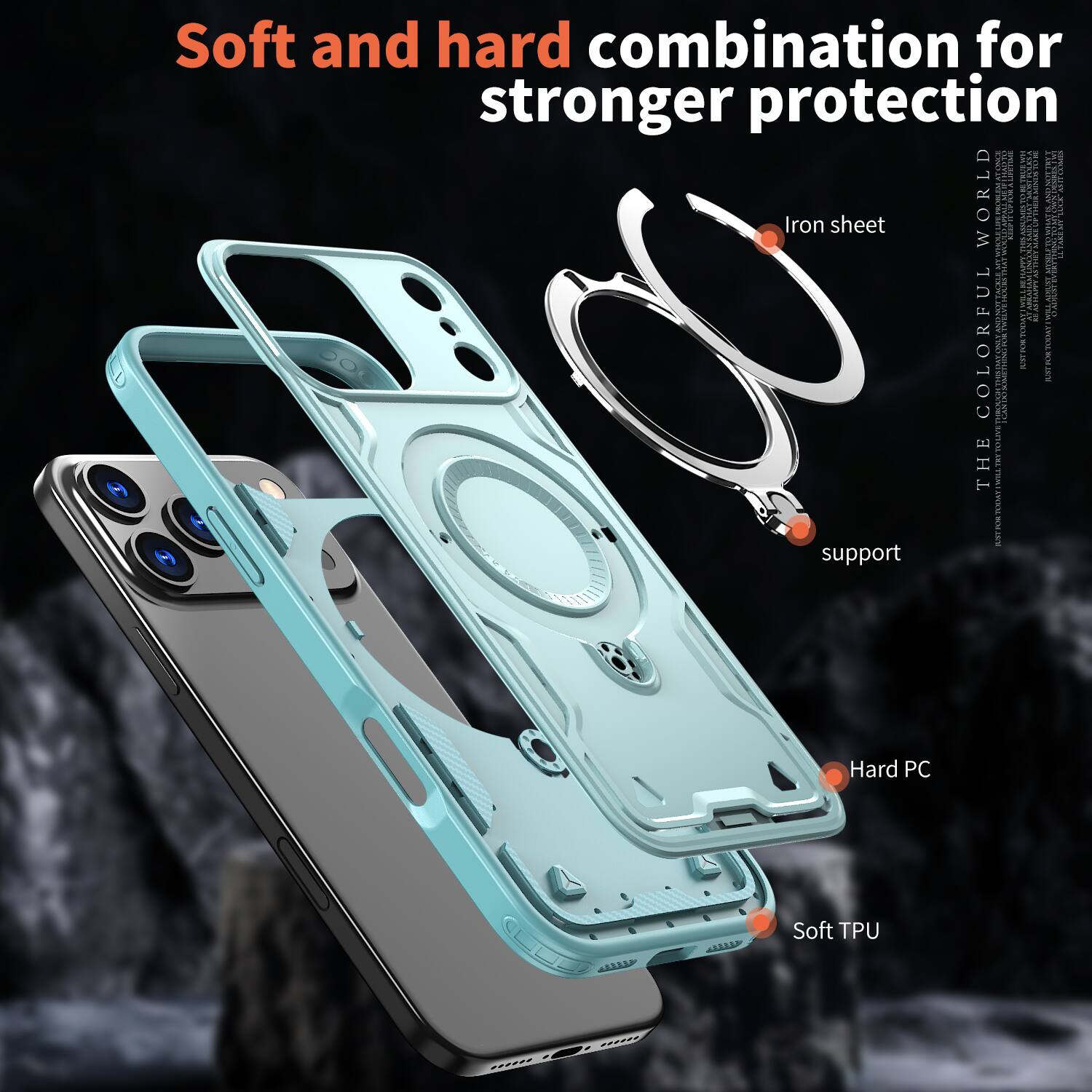 Soft and hard combination for stronger protection

Iron sheet

Hard PC

Soft TPU

support