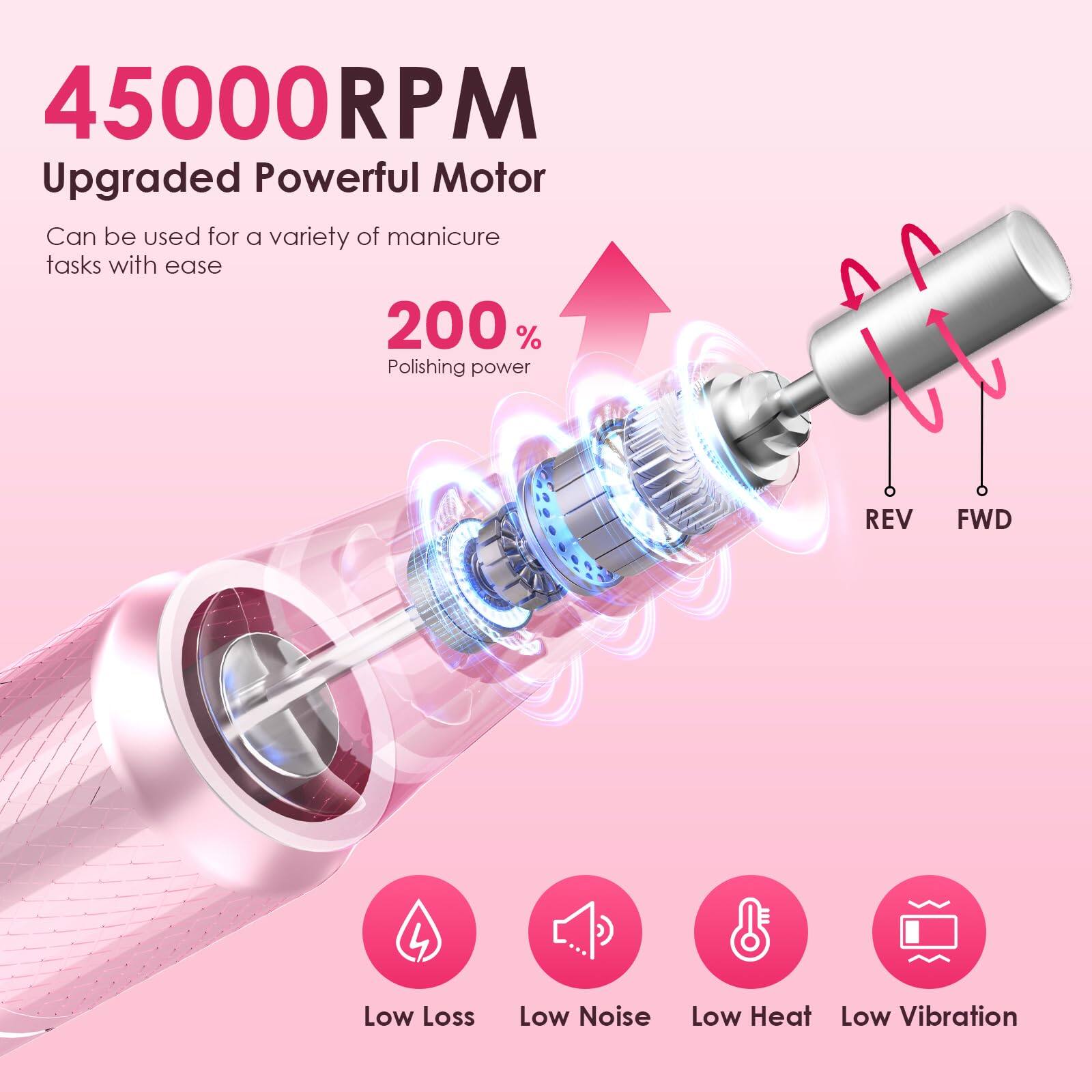 45000 RPM  
Upgraded Powerful Motor  
Can be used for a variety of manicure tasks with ease  

200% Polishing power  

REV FWD  

Low Loss  
Low Noise  
Low Heat  
Low Vibration