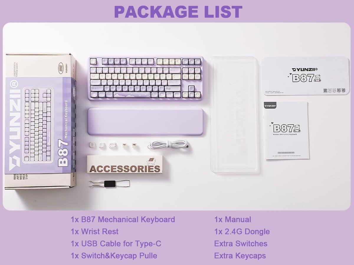 PACKAGE LIST

1x B87 Mechanical Keyboard  
1x Wrist Rest  
1x USB Cable for Type-C  
1x Switch & Keycap Puller  
1x Manual  
1x 2.4G Dongle  
Extra Switches  
Extra Keycaps
