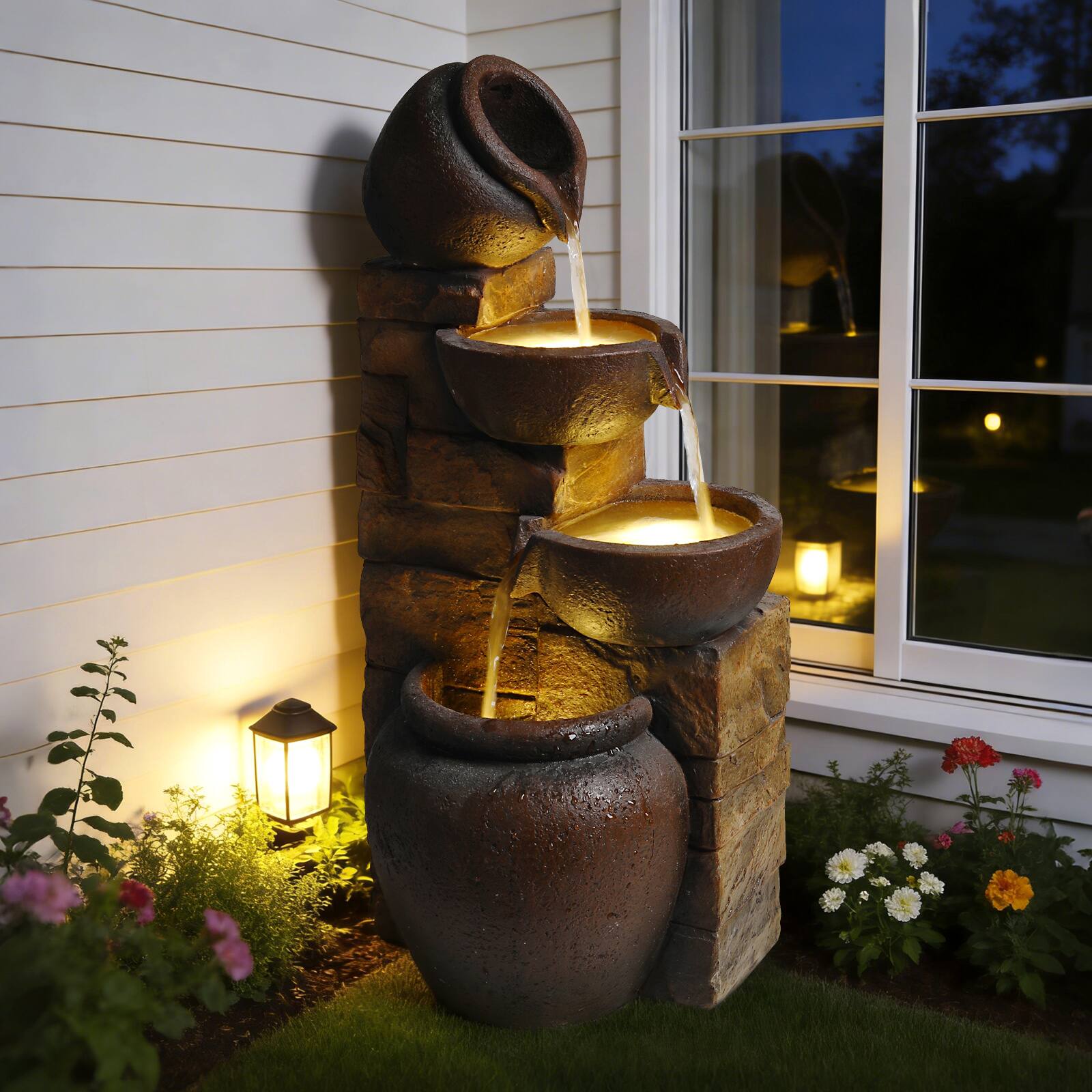 Angle. Anysun - Outdoor Water Fountain with Lights – 4-Tier Cascading Pot Waterfall Resin Garden Fountain for Patio, Yard, Landscape - Brown.