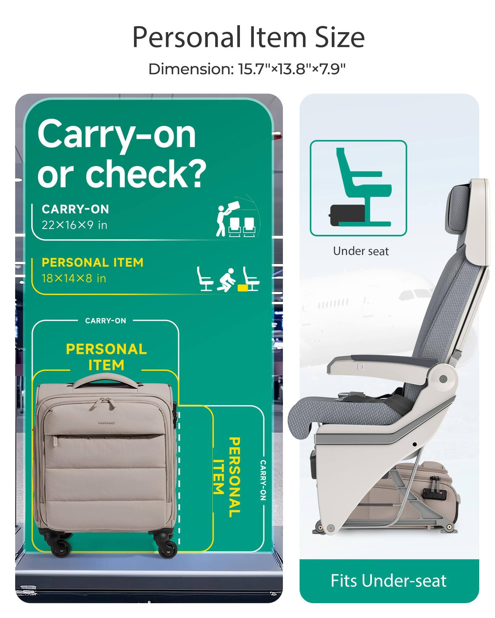 Personal Item Size  
Dimension: 15.7" x 13.8" x 7.9"  

Carry-on or check?  
CARRY-ON  
22 x 16 x 9 in  

PERSONAL ITEM  
18 x 14 x 8 in  

Under seat  
Fits Under-seat