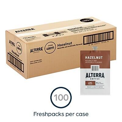 ALterra  
CFLAVIAG 12120 8  
CODE 48011  
Hazelnut and Artificially Flavored  
0 50 23471 480m  
48011  
Naturally and Artificially Flavored  
ALterra COFFEE  
Hazelnut  
HAZELNUT  
ARTIFICIALLY FLAVORED  
ALterra COFFEE  
100 Freshpacks per case