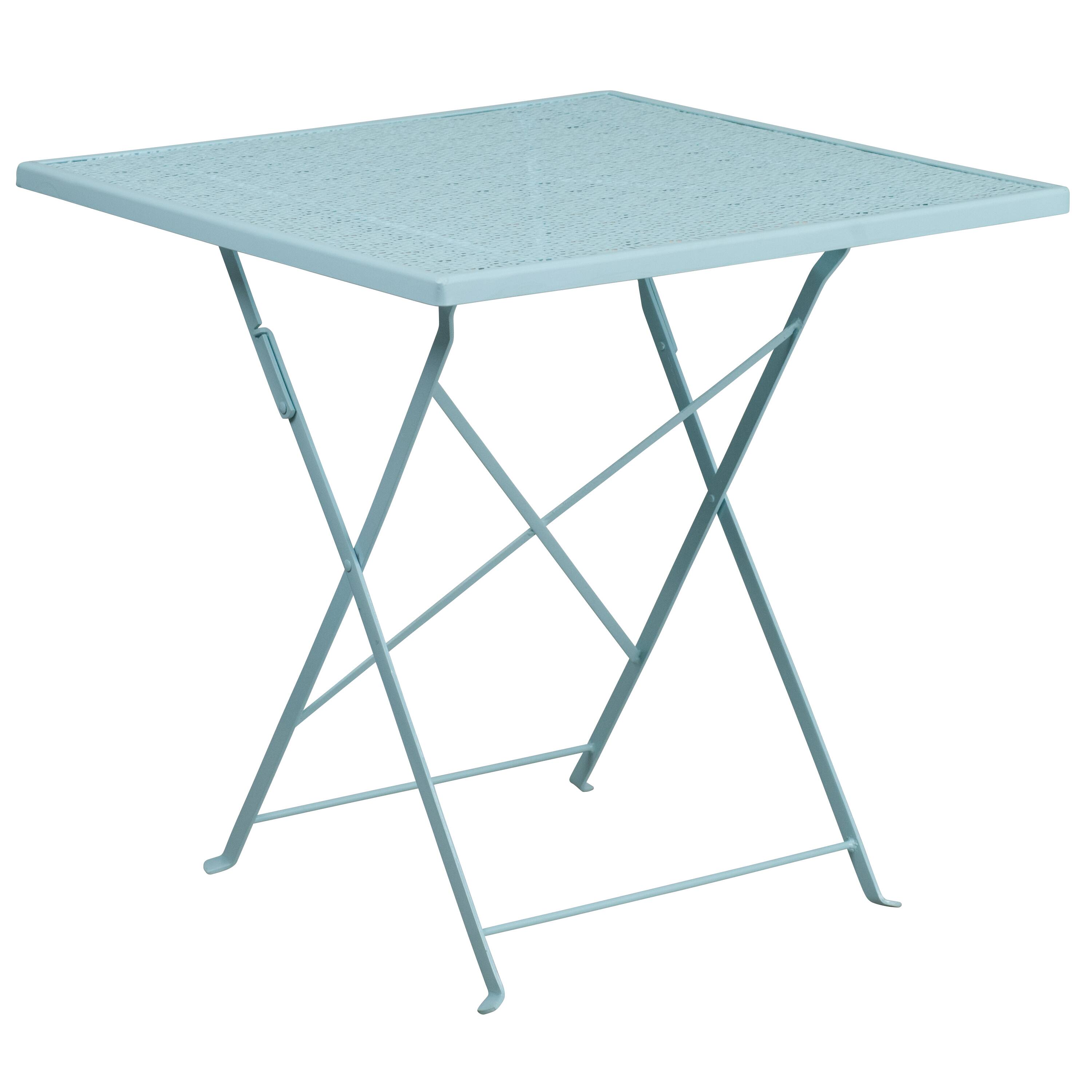 Alt View 3. Emma + Oliver - Commercial Grade 28" Square Metal Folding Patio Table Set w/ 4 Round Back Chairs - Sky Blue.