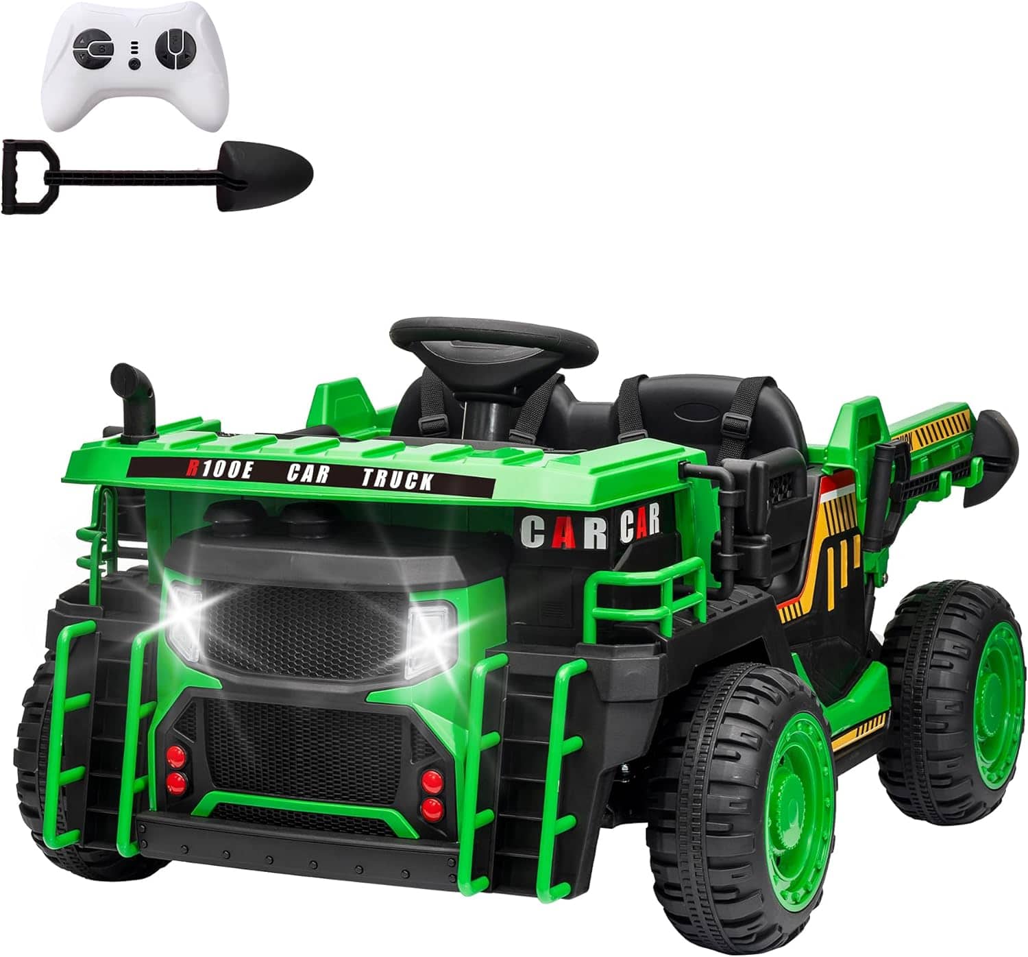 Qeetex - 2 Seater Ride On Dump Truck, 24V Ride On Car Toy with Remote Control,Electric Dump Bed and Extra Shovel - Green